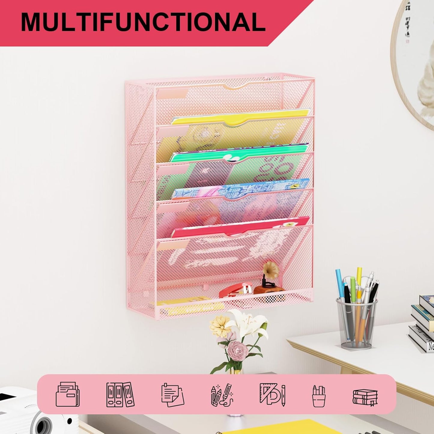 Hanging Wall File Organizer 6 Tier Wall Mounted Mail Paper Folder Holder Document Organization Stand, Vertical Desk Magazine Rack for Office Home Cubicle Countertop, Pink