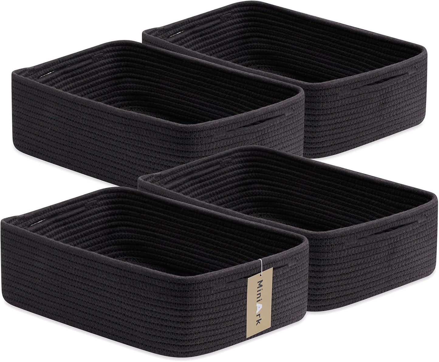 Large Shallow Organizing Baskets 15x11x5.1 Inches - Rope Woven Storage Bins for Bathroom, Shelves, Cube Closet, Black 4 Packs