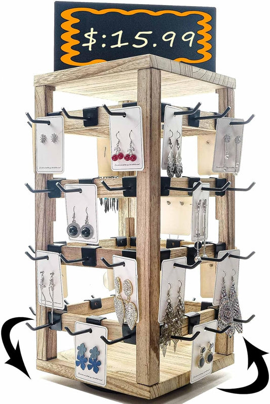 Wooden rotating Jewelry Display Stand with Removable 48 Hooks advertising board, For Earring Cards necklace bracelet Keychain Jewelry Organizer For Selling For vendor events (brown)