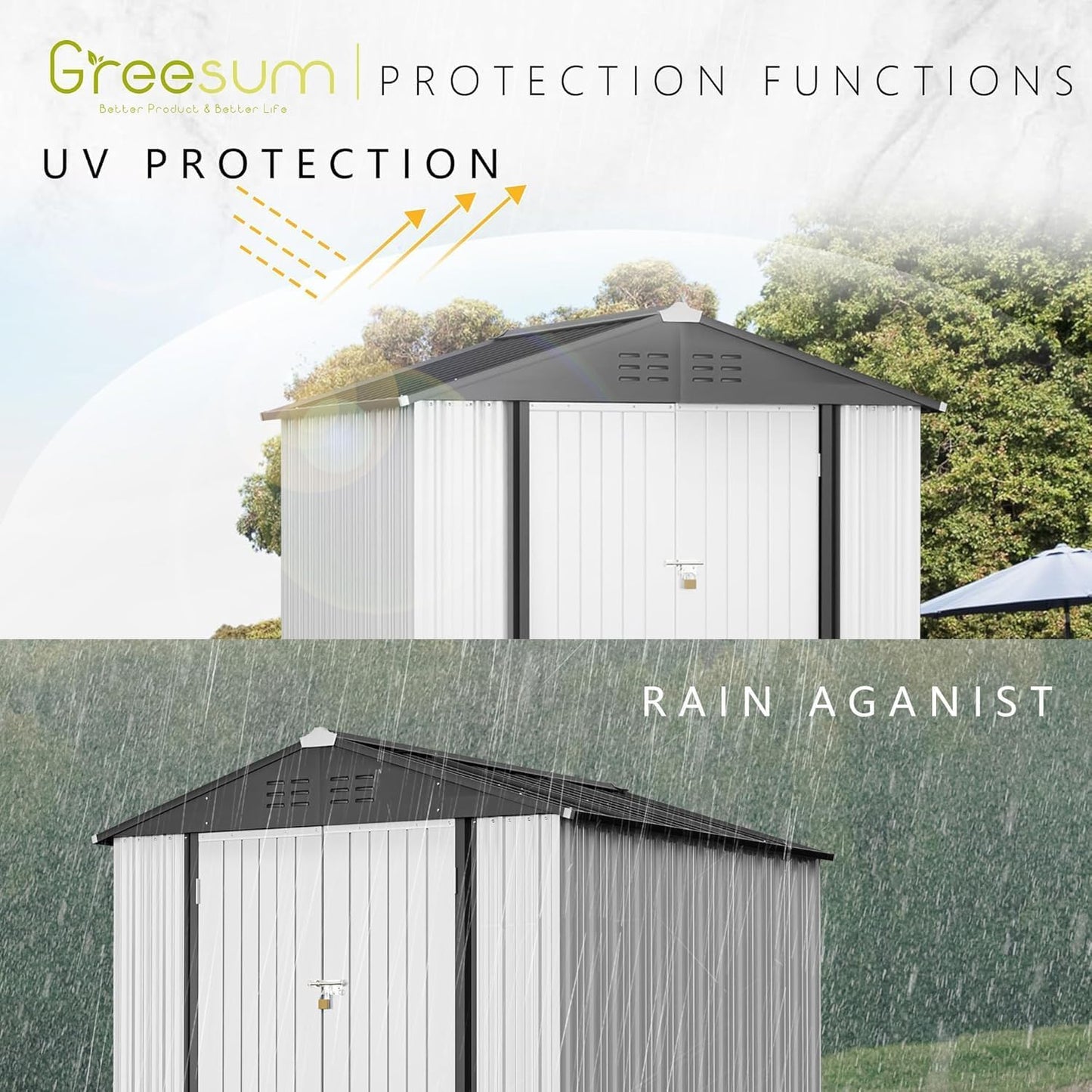 Greesum 6x4FT Outdoor Storage Shed, Utility Tool Shed Metal Storage Garden Shed with Door & Lock for Patio Storage, White