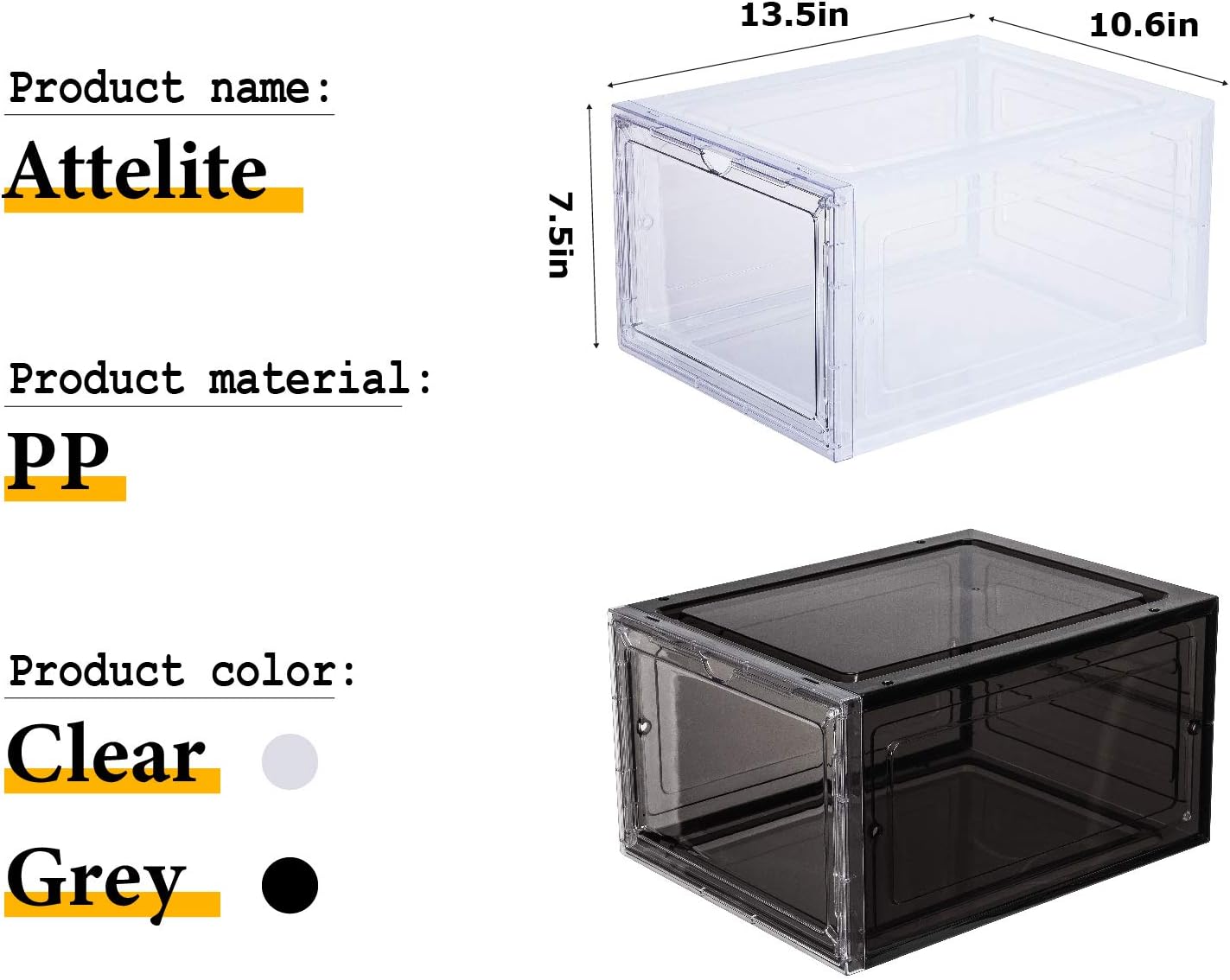 Attelite Shoe Box Organizer,Set of 6,Stackable Plastic Shoe Box with Clear Door, Shoe Storage Box Containers,For Display Sneakers,Easy Assembly,Fit up to US Size 12(13.4”x 10.6”x 7.4”)