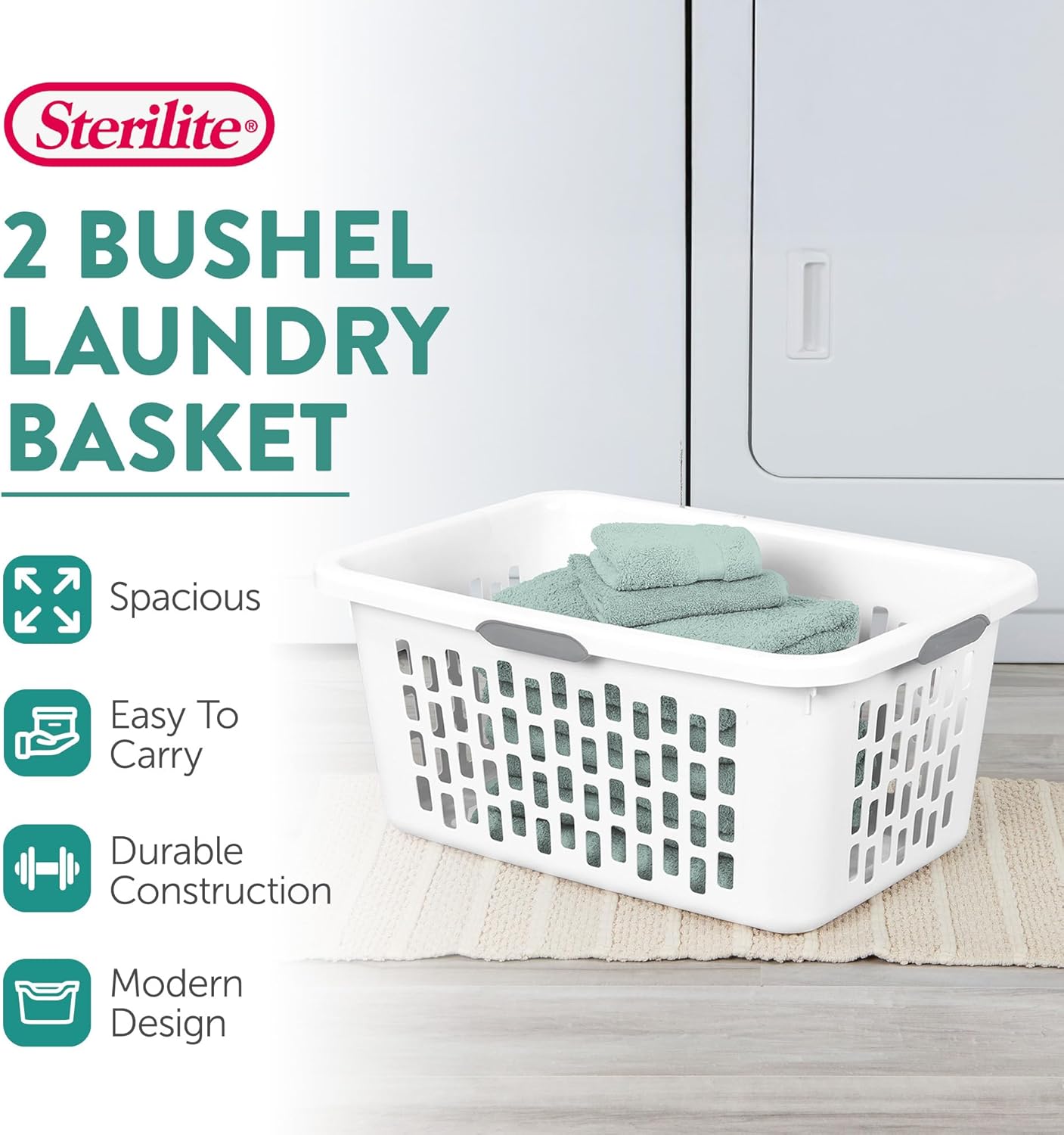 Sterilite Laundry Basket, Plastic Clothes Hamper, Large Rectangle Bin with Comfort Grip Handles and Reinforced Rim, 2 Bushel Capacity, White, 24 Pack