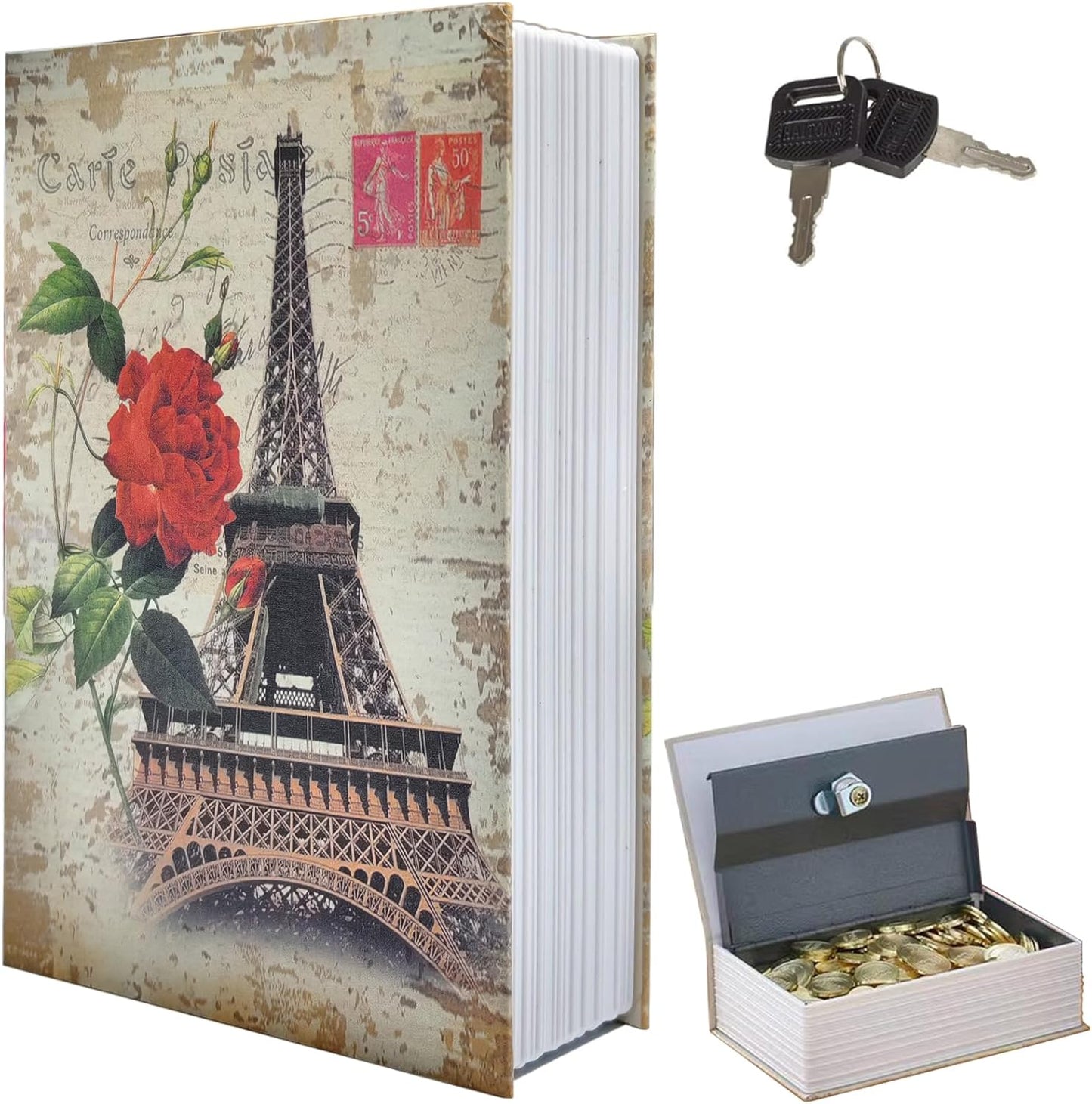 Paris Book Safe Box with Combination Lock, Diversion Safe Vintage Faux Book Hidden Safe for Decoration, Secret Storage Box for Home Office Café Bookshelf Decor (9.5"×6"×2.2")