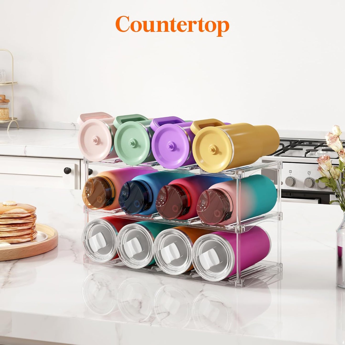 Lifewit Stackable Water Bottle Storage Organizer, Clear Tumbler Cup Mug Organizer, Plastic Large Compartment Wine Rack for Fridge Cellar Kitchen Pantry Storage, 3Tier Hold 12