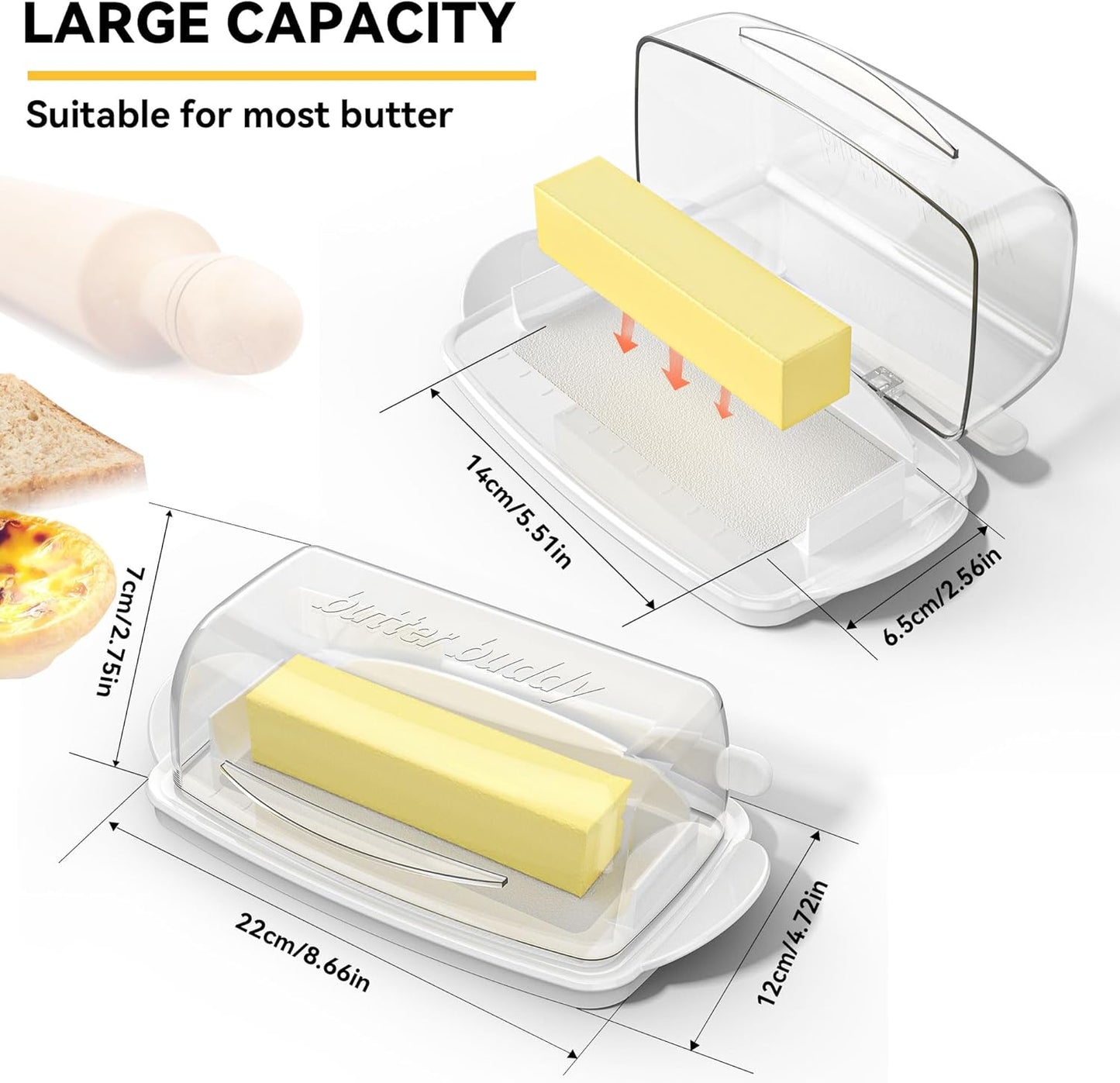 Butter Dish with Lid and Knife, Large Plastic Flip Top Butter Dishes Clear Hinged Lid, Easy Scooping Non-Slip Bottom