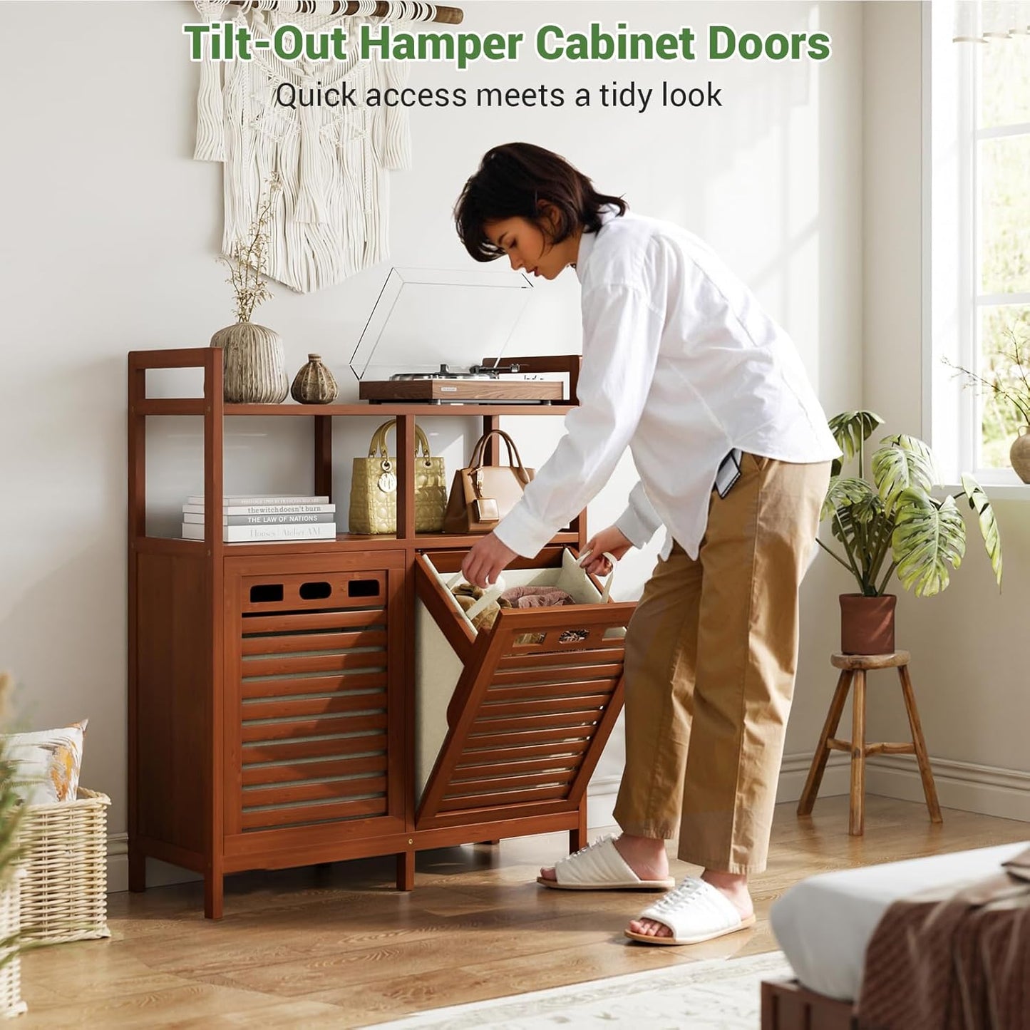 Homykic Tilt Out Laundry Hamper Cabinet, Bamboo Double Laundry Hamper with 2 Removable Laundry Baskets, 20 Gal Laundry Sorter Organizer with Shelf for Dirty Clothes, Bathroom, Laundry Room, Walnut