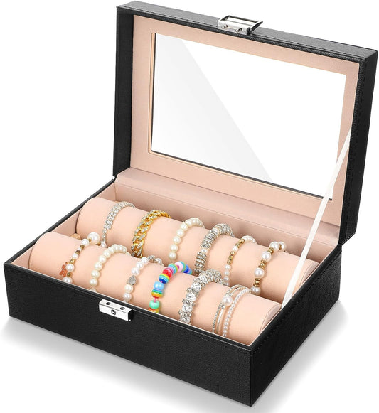 Bracelet Display Holder with Rods for Bangles Watches, Clear Lid Jewelry Organizer Box Storage Case for Women Girls -Black