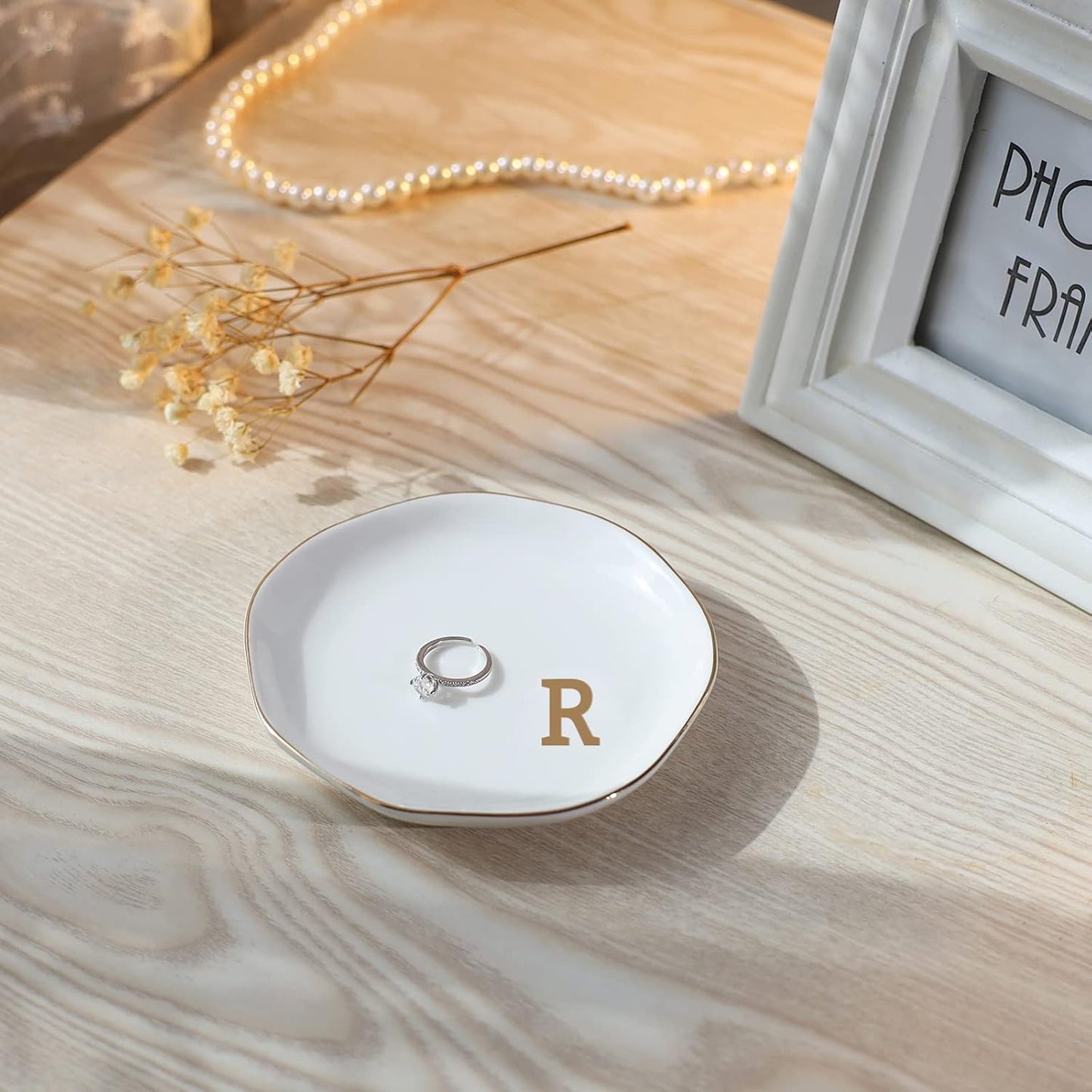 Initials Ring Dish Jewery Tray with Personalized R-Monogrammed Gifts Wedding Engagement for Women Friends Sister,Ceramic White