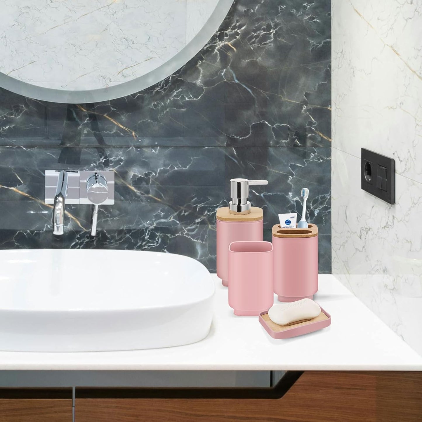 IMAVO Bathroom Accessories Set,Pink Bathroom Set,11 Pieces Bathroom Accessory Set,Trash Can for Bathroom Accessories Décor and Housewarming Gifts