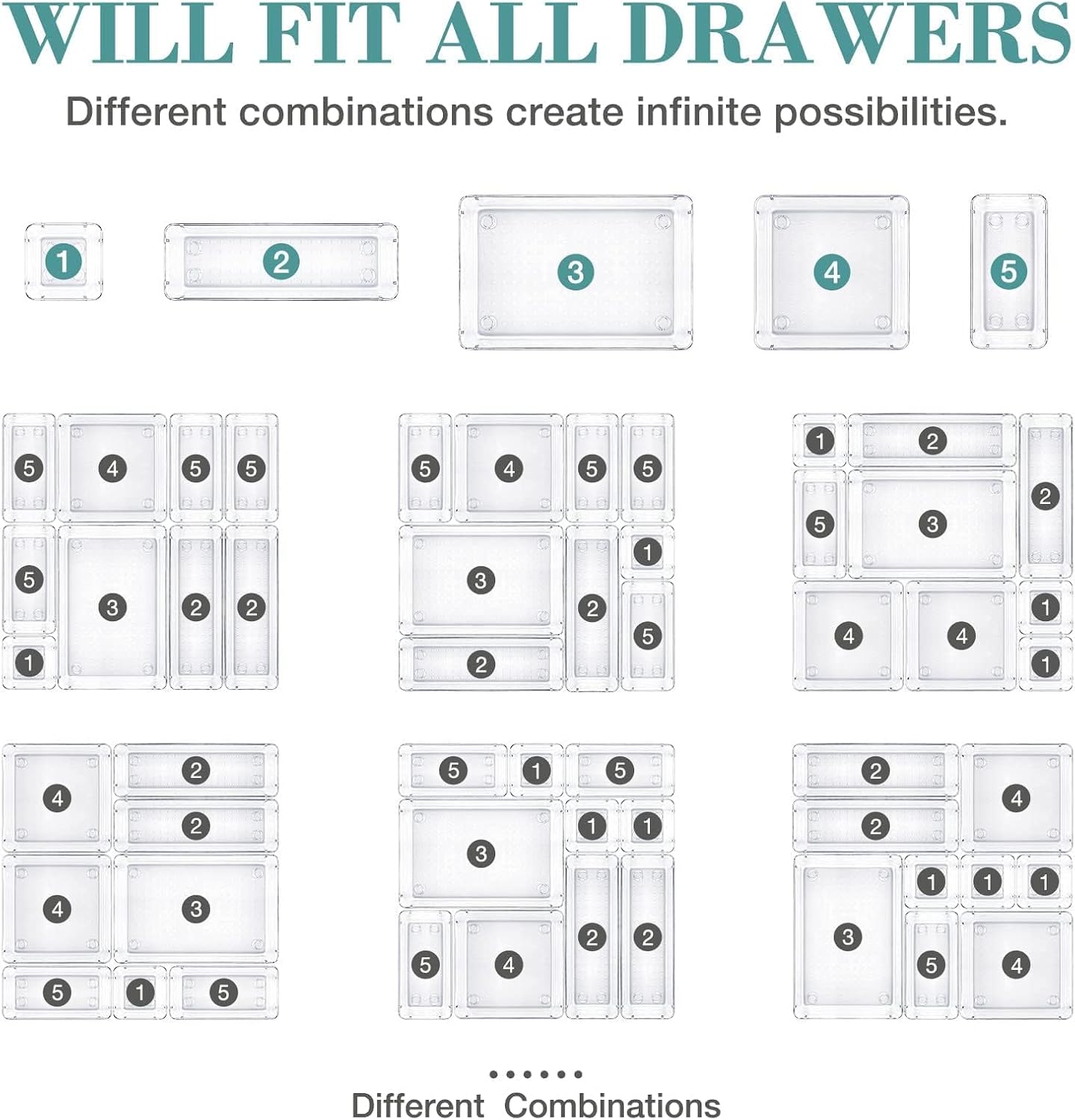 23 PCS Drawer Organizer Set, 5 Varied Size Bathroom and kitchen Drawer cabinet organizer Trays, Clear Storage Bins for Makeup, Jewelry, Utensils and Gadgets