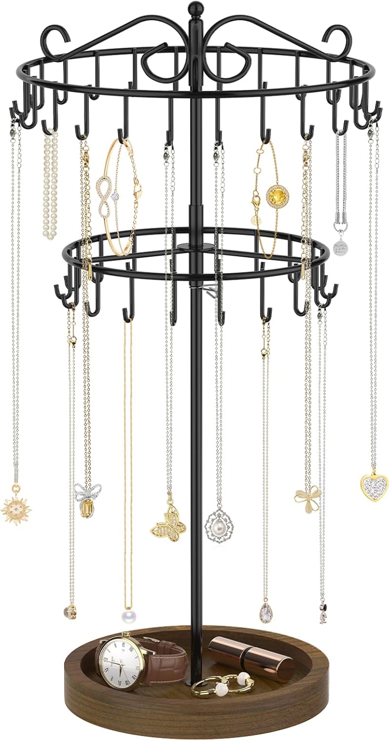 iDavosic.ly 2 Tier Rotating Necklace Holder Organizer with Wooden Jewelry Tray, Adjustable Metal Bracelet Display Stand with 42 Hooks, Extra Tall Keychain Spinning Tree Tower for Women, Black