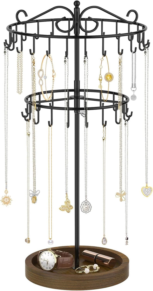 iDavosic.ly 2 Tier Rotating Necklace Holder Organizer with Wooden Jewelry Tray, Adjustable Metal Bracelet Display Stand with 42 Hooks, Extra Tall Keychain Spinning Tree Tower for Women, Black