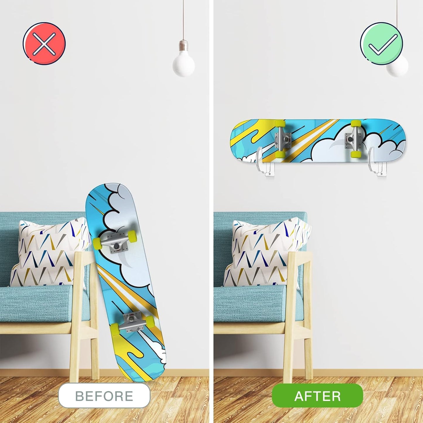 BiJun Skateboard Wall Mount, Snowboard Wall Mount Display, Acrylic Horizontal Skateboards Rack, Skateboard Storage Hanger (Transparent)
