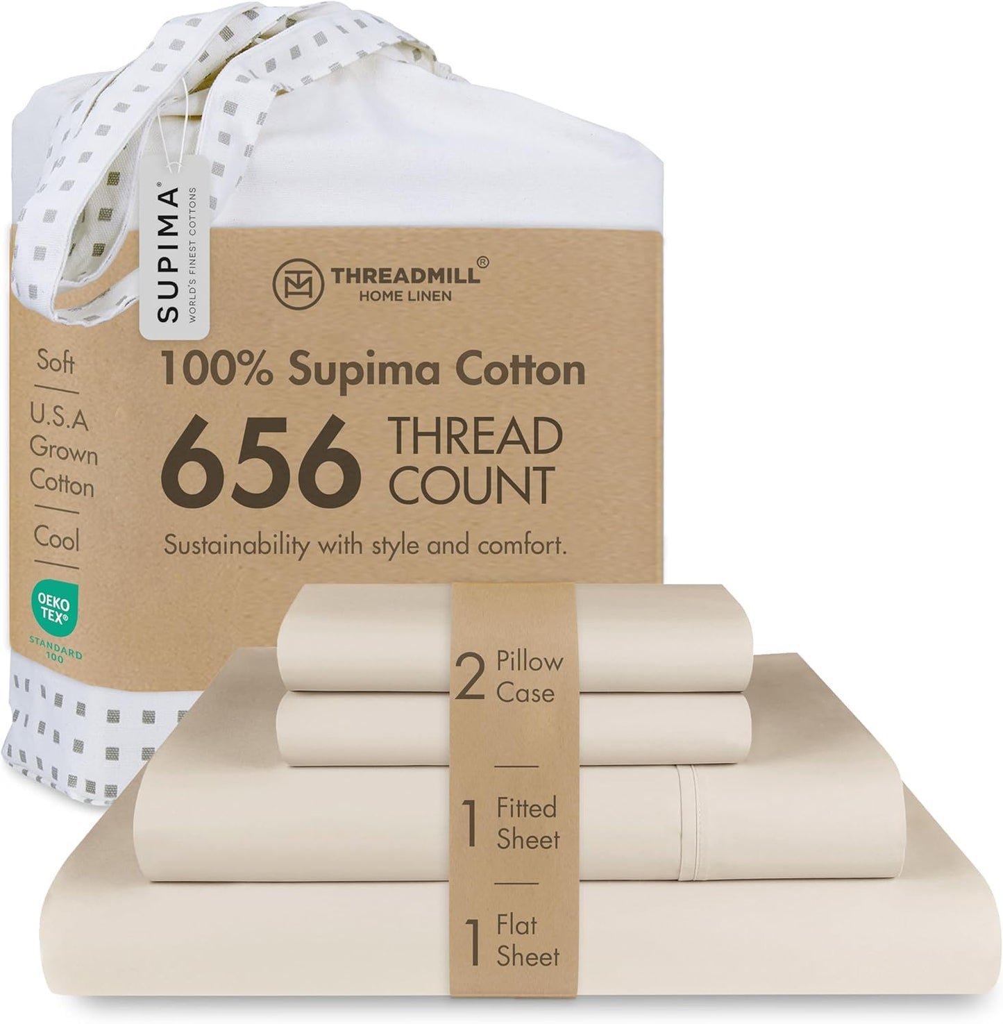 Threadmill Supima Cotton Sheets Queen | 656 Thread Count Queen Sheet for Queen Mattress | 4 Piece Luxury Bed Sheets | Sateen Weave Hotel Quality Sheet with Elasticized Deep Pocket | Beige Sheets