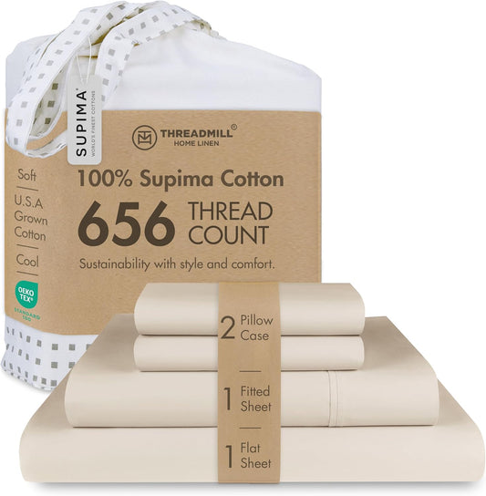 Threadmill Luxury Full Size Sheets | 656 Thread Count Certified Supima Cotton Sheets for Full Size Mattress | 5-Star Hotel Quality 4 Piece Bed Sheets with Extra Deep Pocket |Beige Sheet