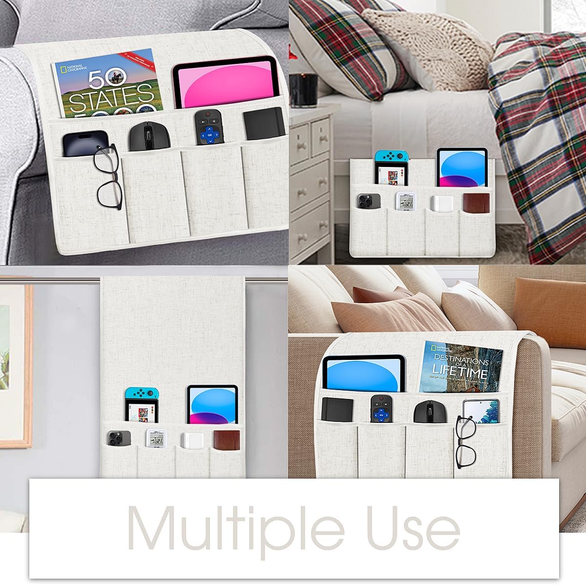 Joywell Couch Remote Holder Sofa Armrest Organizer Non Slip Arm Chair Caddie for Recliner with 6 Pocket Storage for Magazine, Tablet, Phone, iPad, Beige White