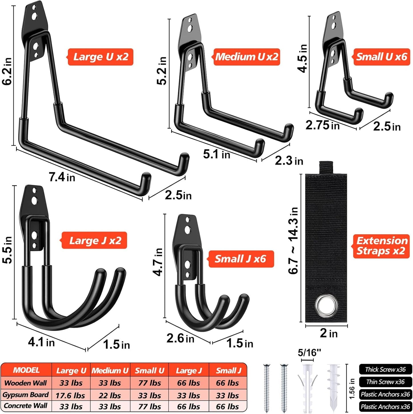 20 Pack Heavy Duty Garage Hooks,Solid Steel Wall Mount Hangers,with Anti-Slip Coating,for Hanging and Organising Ladder,Bike,Ropes,Broom,Garden,Yard and Power Tools