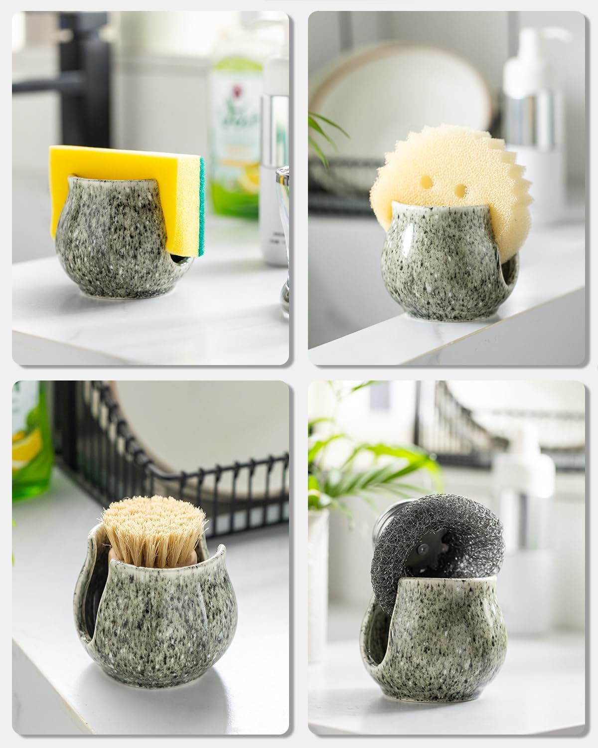 Ceramic Sponge Holder, Kitchen Sponge Holder Sink Caddy Organizer Dish Rack for Kitchen Sink Suction, Bathroom, Brush, Special Gray
