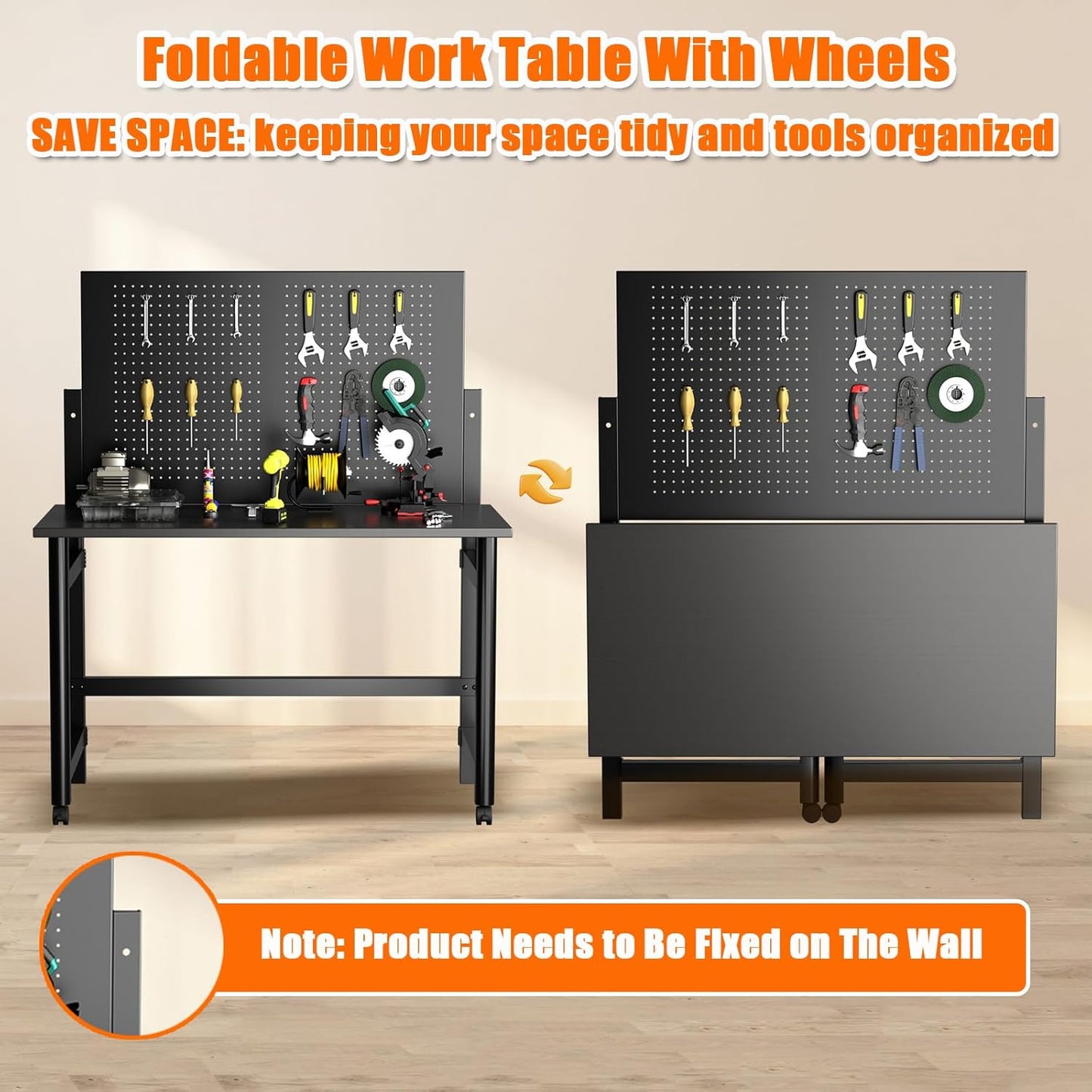 Work Bench for Garage, 45.5" Heavy Duty Workbench with Pegboard, Foldable Steel Work Table with Wheels for Woodworking Shop Garage Home Office Warehouse, Easy Assembly