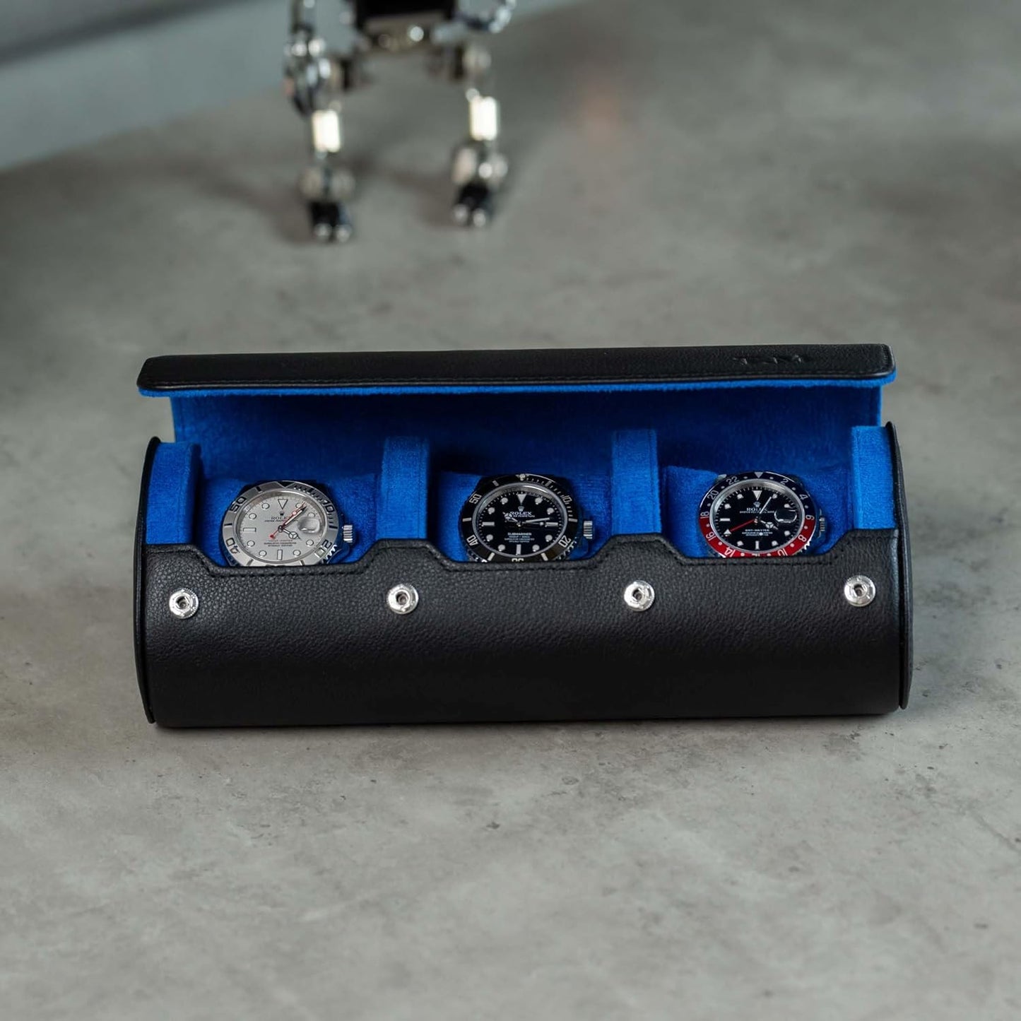 DailyWatch | Personalized Watch Roll Travel Case For 3 Watches - Handmade Genuine Leather Travel Case With Custom Engraving of Name or Initials - Black Blue