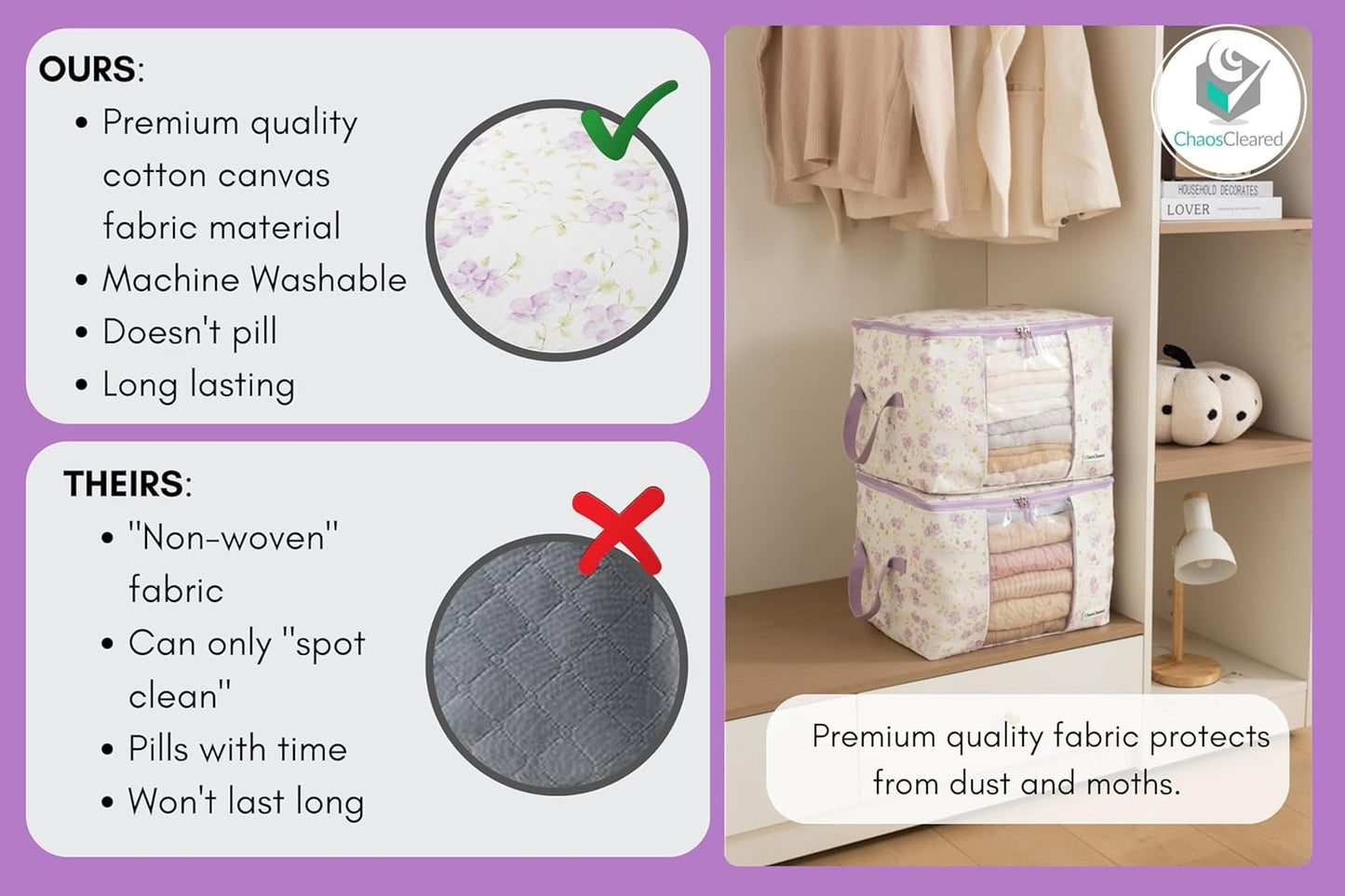 Designer Canvas Clothing Storage Bags 2 Pack Purple Floral Clothes Organizer bags for sweaters, clothing, garments, quilt, linens, large folding organizers with zip & window, moth proof space saver