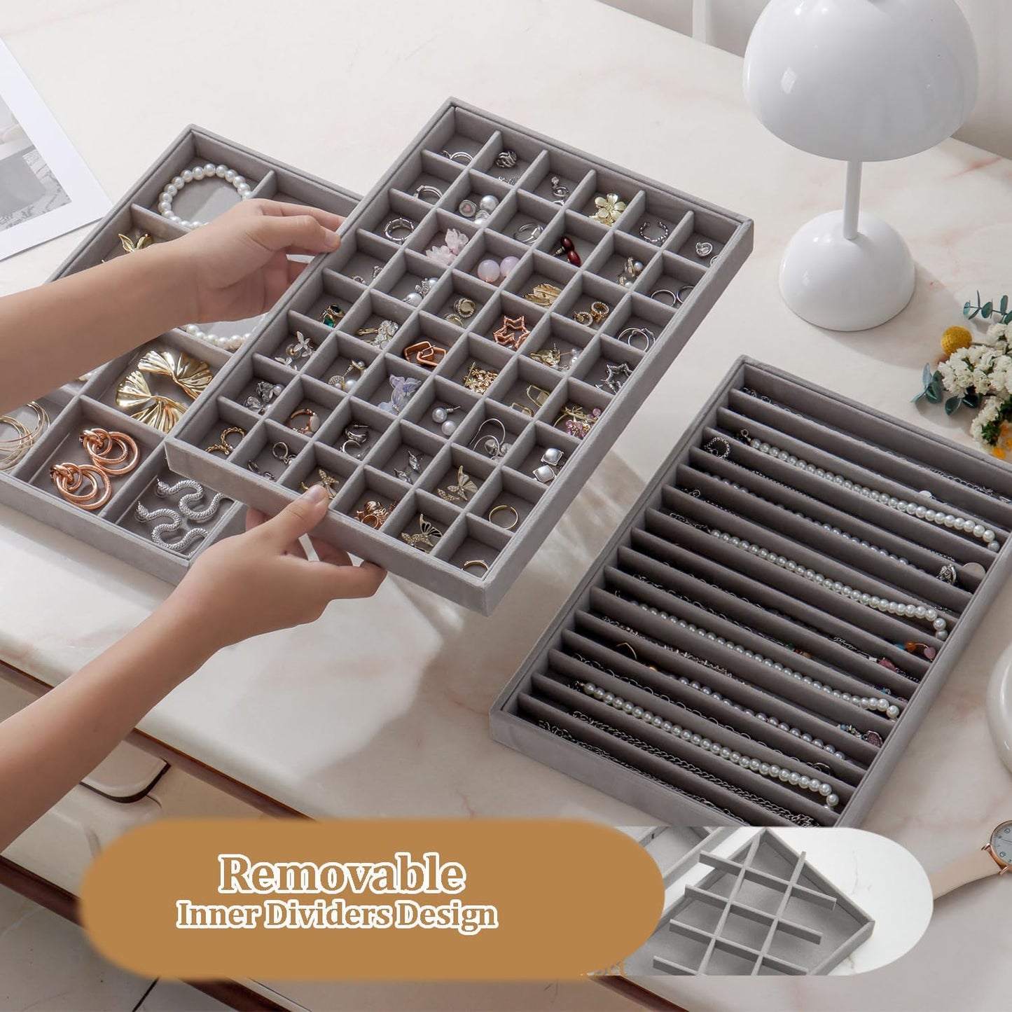 Large Velvet Jewelry Tray 2 Pack Stackable Jewelry Display Drawer Inserts Trays Organizer for Earring Bracelet Necklace Ring (Gray, 48 Grids)