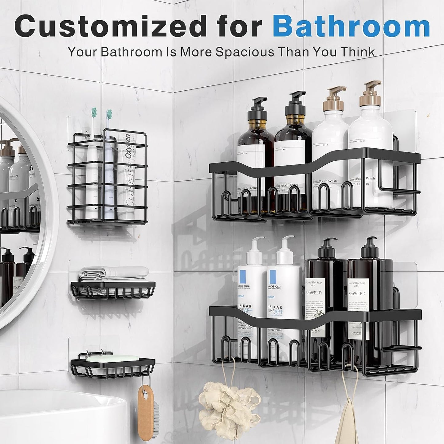 EUDELE 5-Pack Rustproof Stainless Steel Shower Caddy Set– No Drill Adhesive Bathroom Organizer, Space-Saving Shower Shelves for Apartment Essentials, Bathroom/Kitchen Storage Home Decor-L Size
