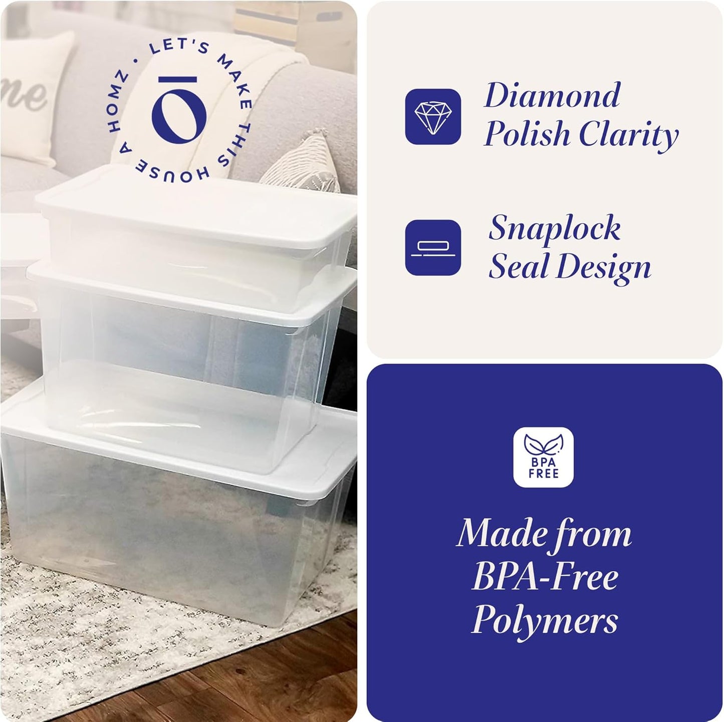 HOMZ 2-Pack Snaplock, Large Clear Plastic Storage Organizer Bins w/Lids, 56 Quart, White - Stackable Container Boxes for Bedroom, Bathroom, Garage, and Office Organization