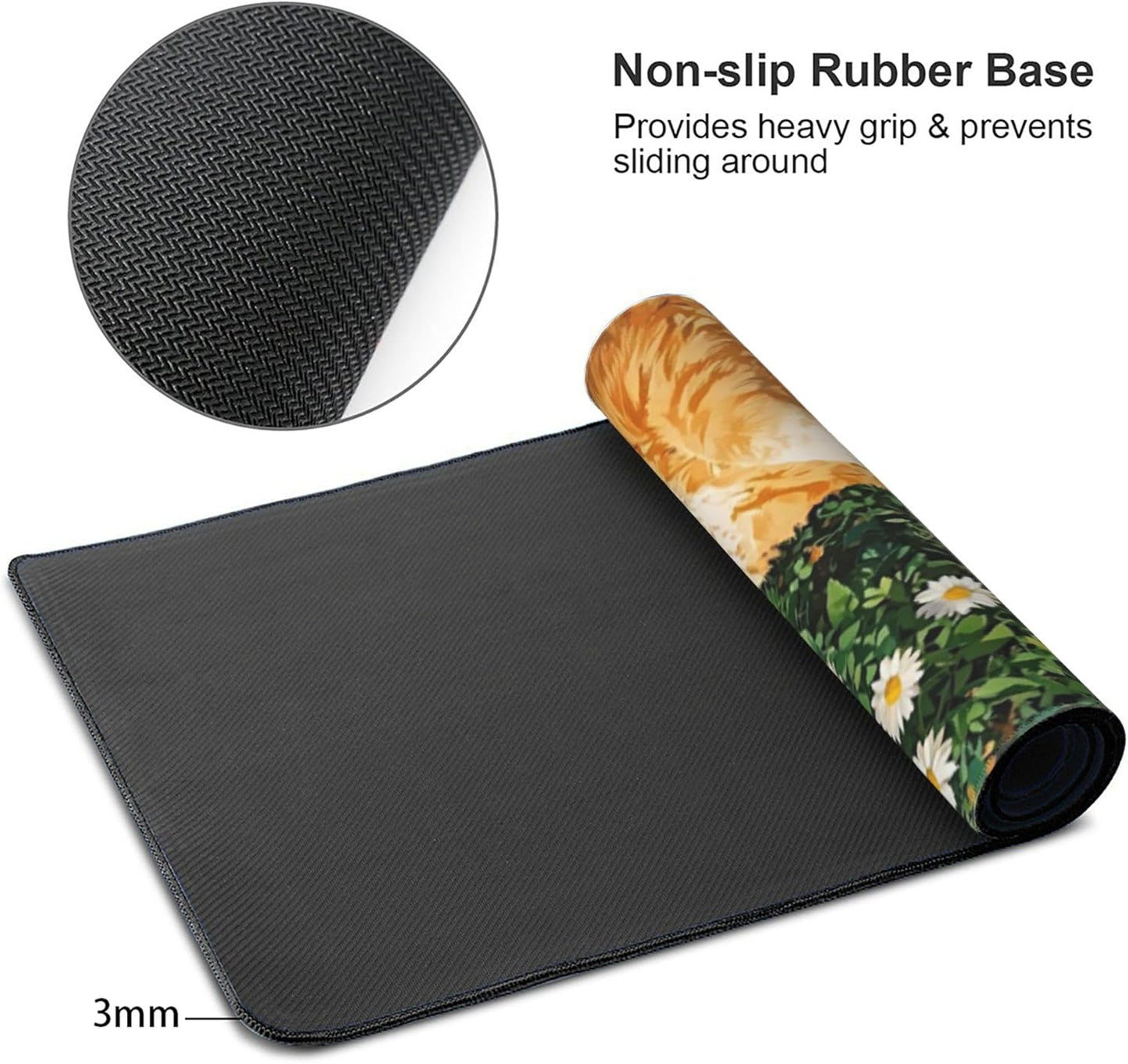 Cozy Cat Large Mouse Pad, Grass Daisy Gaming Desk Mat, XXL Keyboard Desk Pad Mat for Desktop, 35.4"x15.7" Non-Slip Base Big Mousepad with Stitched Edges