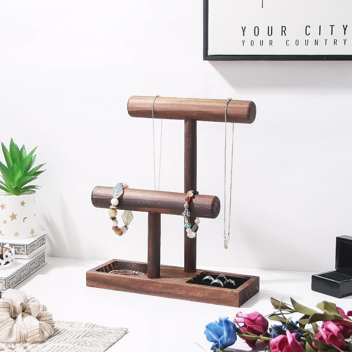 ByKen Necklace Holder,Bracelet Holder,Jewelry Organizer Stand with Earrings Rings Tray,Jewelry Holder for Scrunchie Watches (Wood)