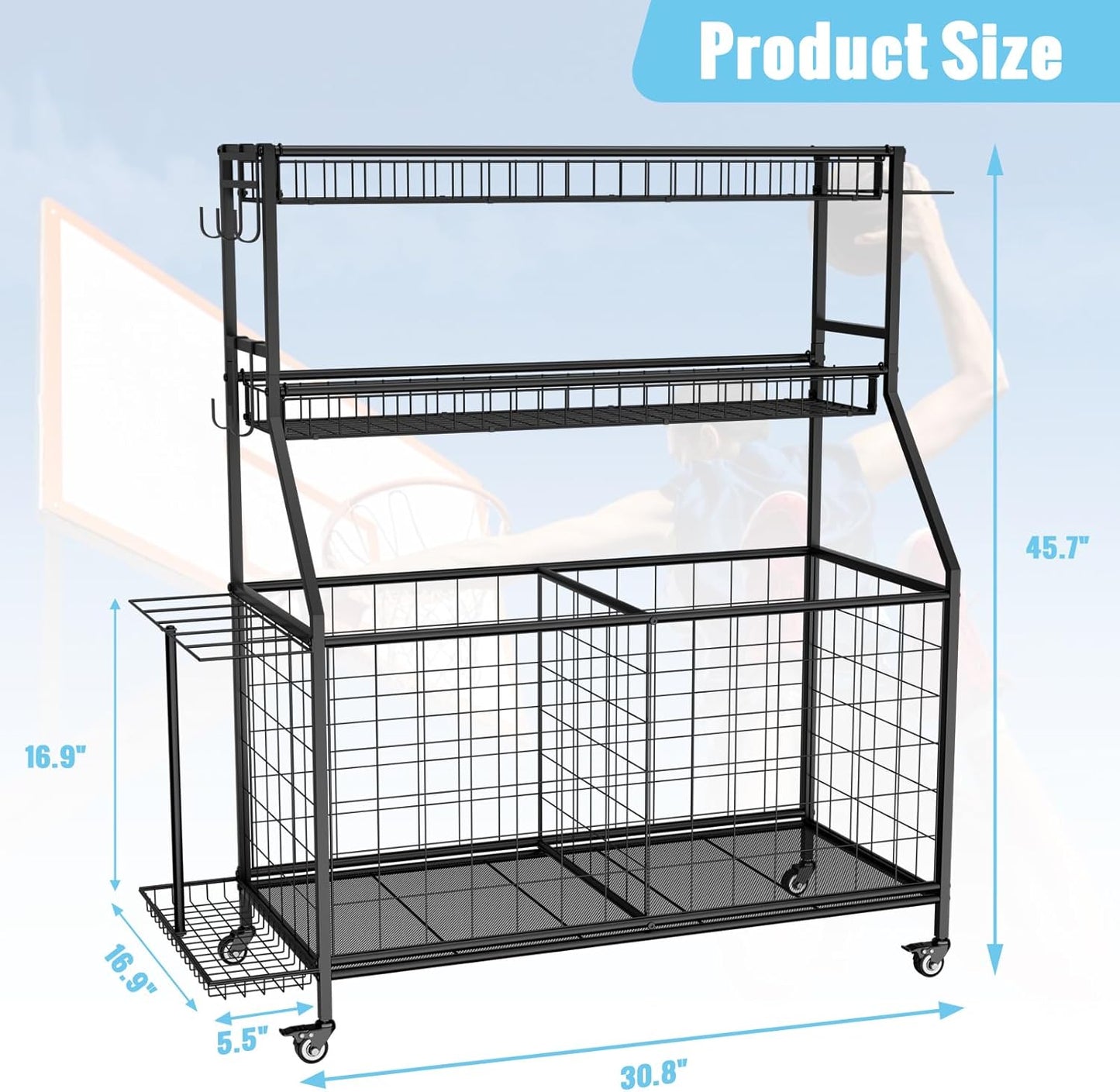 Sports Equipment Garage Organizer - Heavy Duty Garage Organization Ball Storage Rack with Basket, Hooks and Rolling Cart for Sports Gear and Toy Storage, Indoor/Outdoor Use, Black