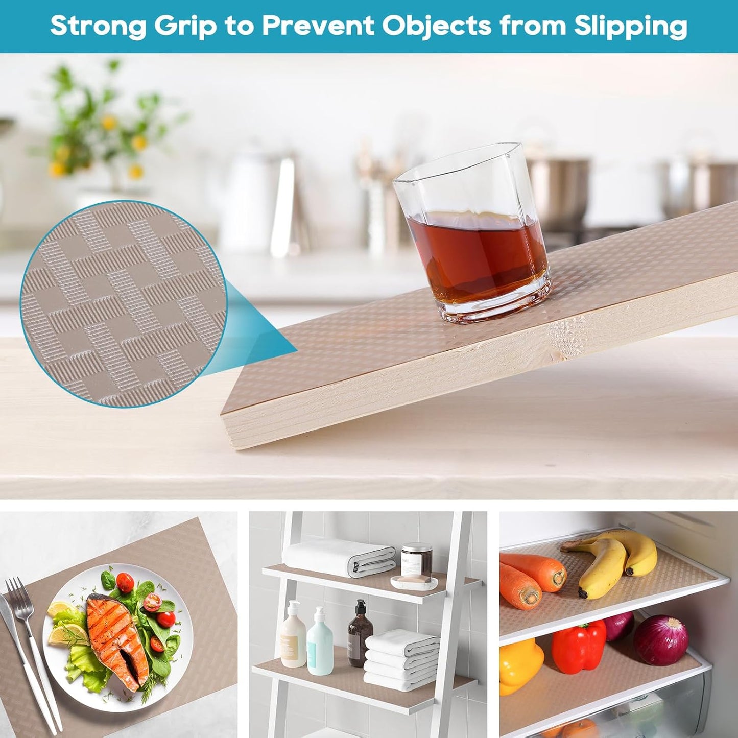 Beige Shelf Liners for Kitchen Cabinets Refrigerator Liners Waterproof & Oil-Proof Kitchen Cupboard Liner Drawer Mats EVA Material Non Adhesive Fridge Liner for Shelves 17.5 x 78.7 Inches