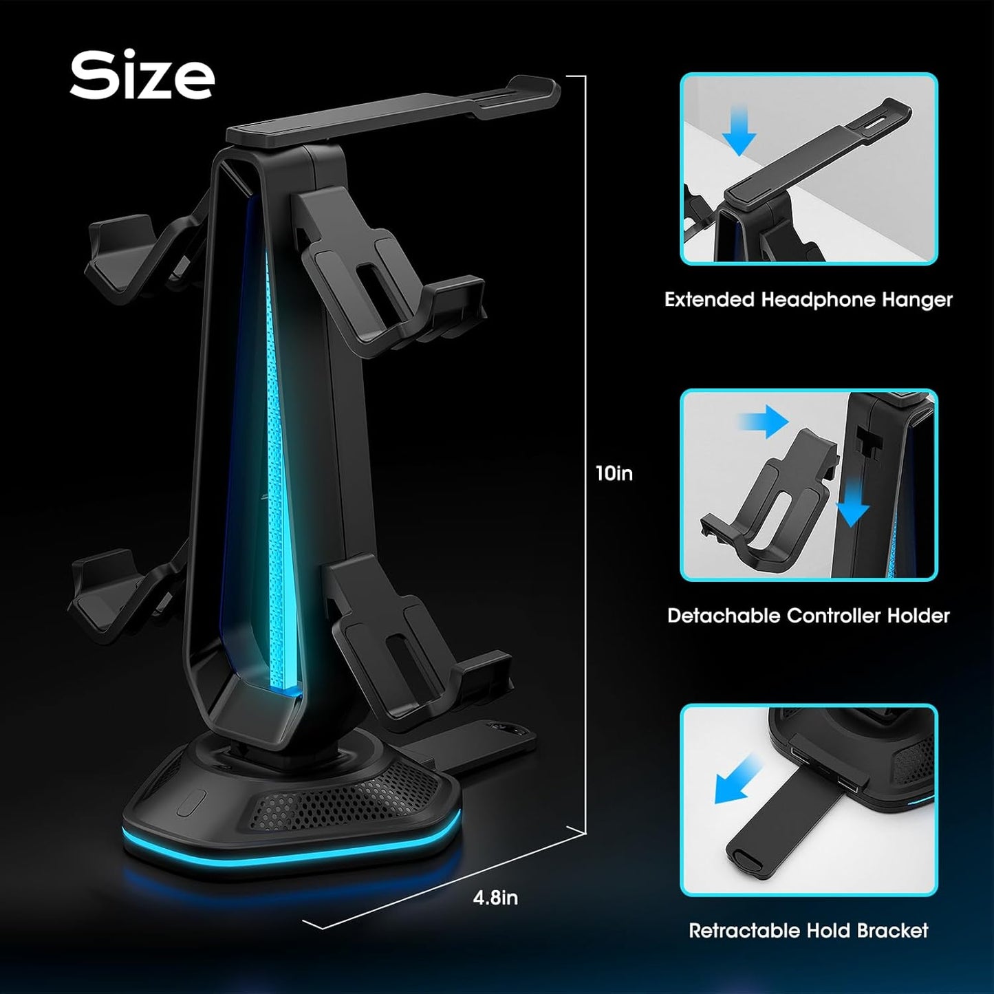 Saitake RGB Controller Holder with 9 Light Modes,Controller Stand with 2 USB Ports,Headset Stand for Desk-Headphone Holder Suitable for All Headphones and Controllers