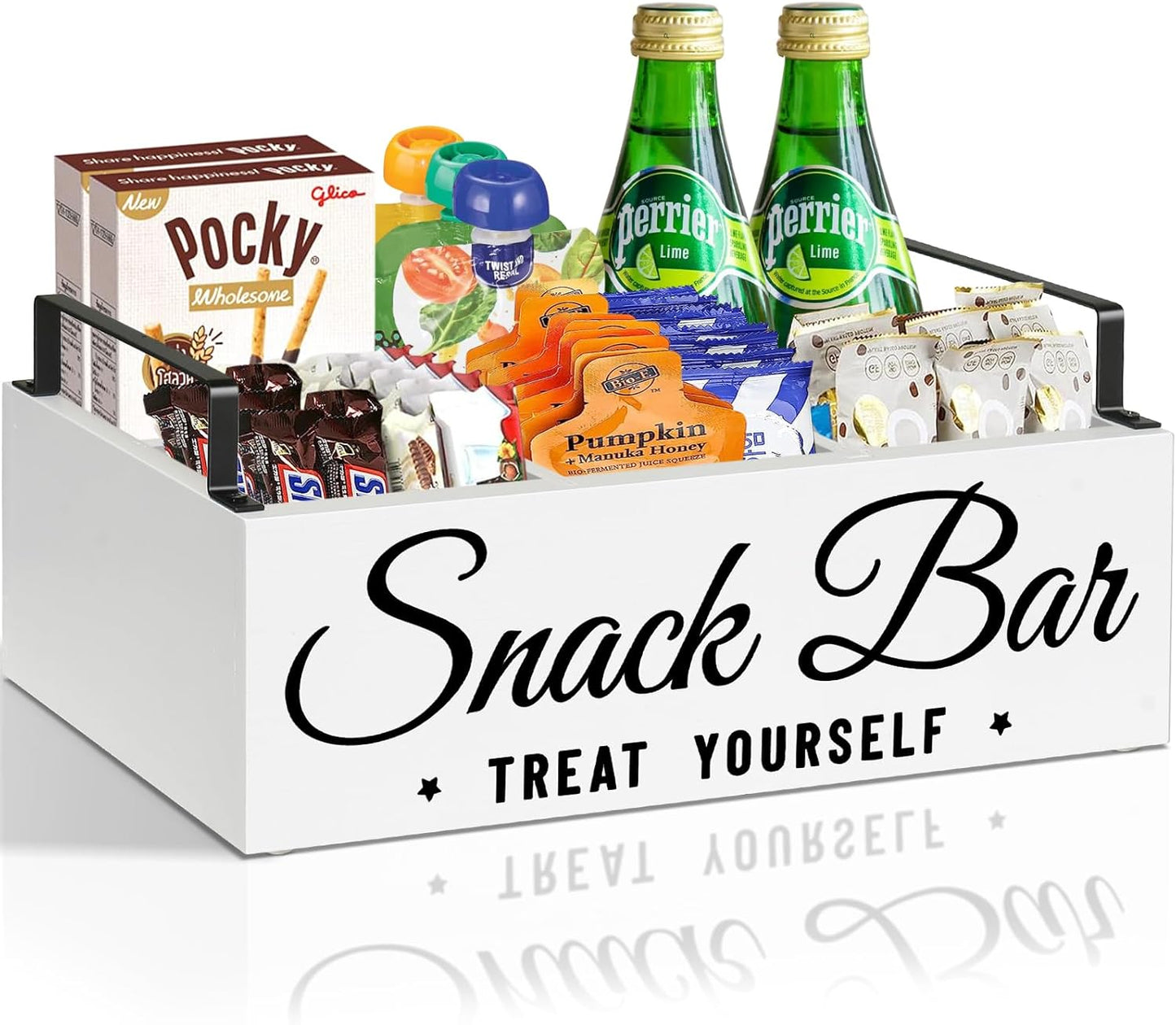 Snack Organizer for Countertop, Wood Pantry Storage Bins with Handles, Snack Bar Organizer for Pantry Shelf, Kitchen, 4 Compartment Food Container Snack Box, Pantry Organizer for Snacks, Chips(White)