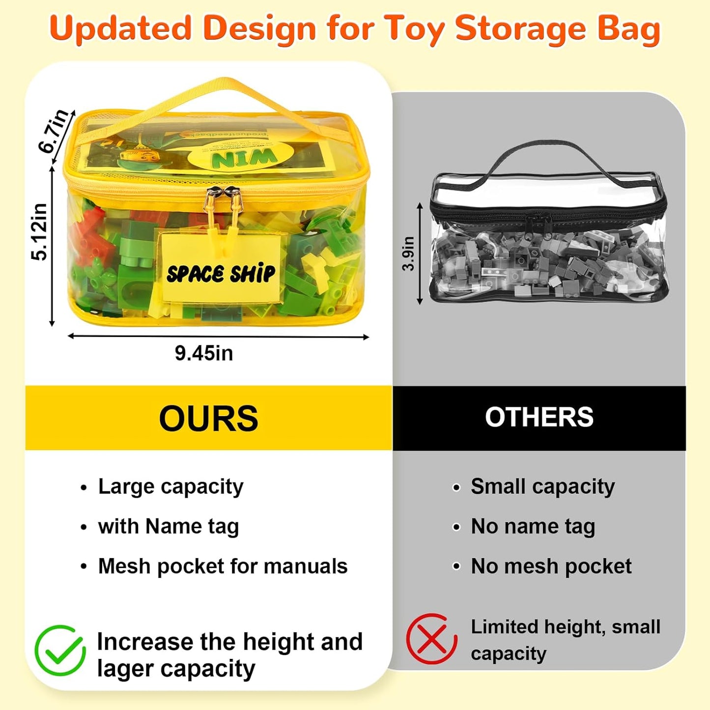 6 Pack Clear Toy Storage Bag with Name Tag& Manual Pocket, Waterproof Transparent PVC Toy Organizer Case for Lego Bricks, Board Games, Building Blocks, Puzzles (Large Capacity, Full Colourful)