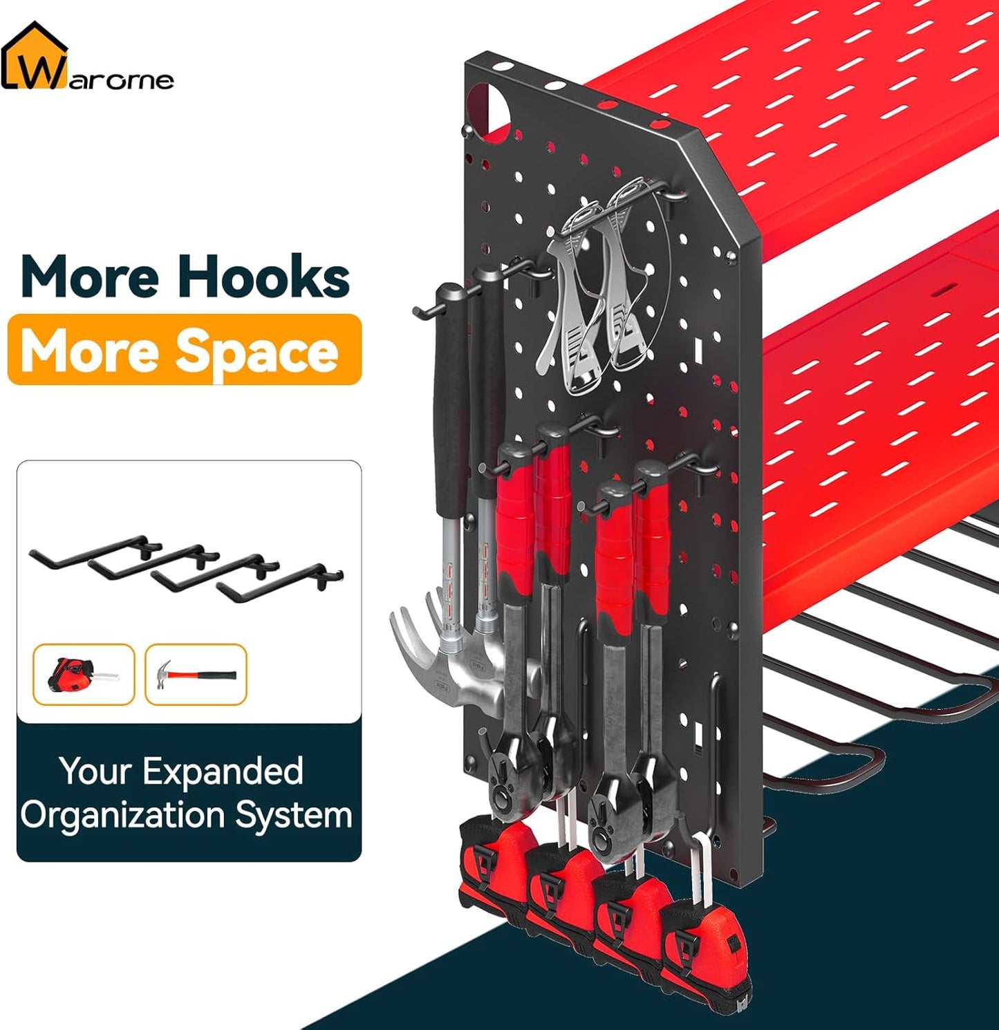Warome Garage Tool Organizer Wall Mount with Charging Station, Power Tool Organizer with Large 8-Outlet Power Strip, Tool Storage Rack with 8 Cordless Drill Holders, Battery Utility Rack in Red