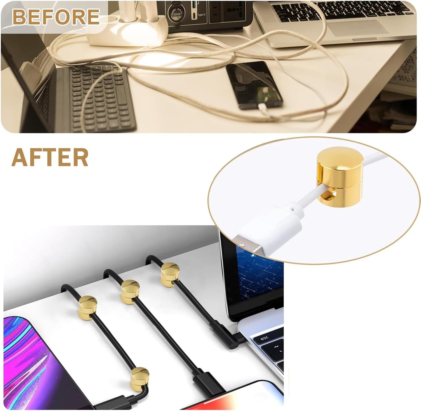 3 Sets Charger Cord Holder, Gold Metal Adhesive Cable Management Clips,Adjustable Cable Anchor Holders,Wire Organizer for Desk, Wall, Home, Office