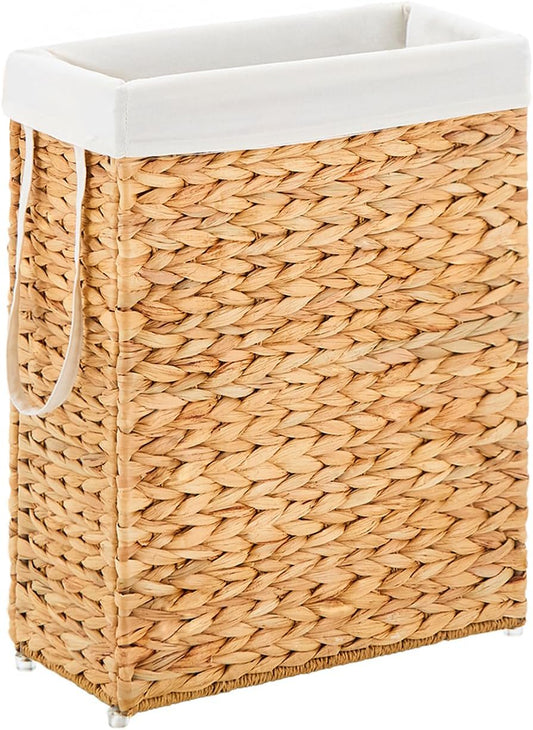 Handwoven Slim Laundry Hamper, 55L Narrow Laundry Basket, Natural Water Hyacinth Basket and Handles and Removable Liner Bag & 2 Mesh Bags (Natural, 55L)