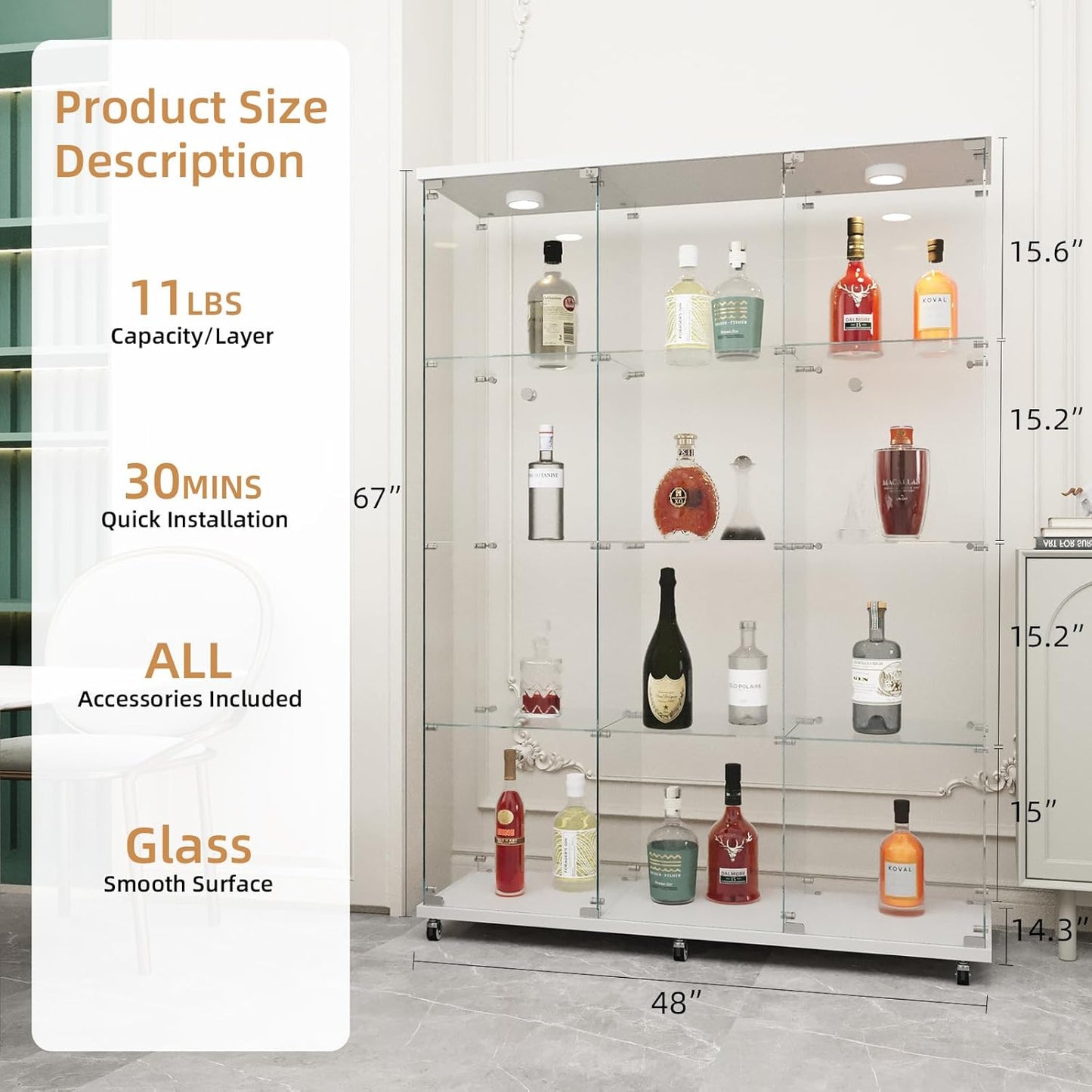 Beauty4U Glass Display Cabinet with LED Lights, Extra Large 3 Columns 2 Doors Curio Cabinets with 12 Shelves for Living Room, Bedroom, Office, White Floor Standing DIY Glass Bookshelf