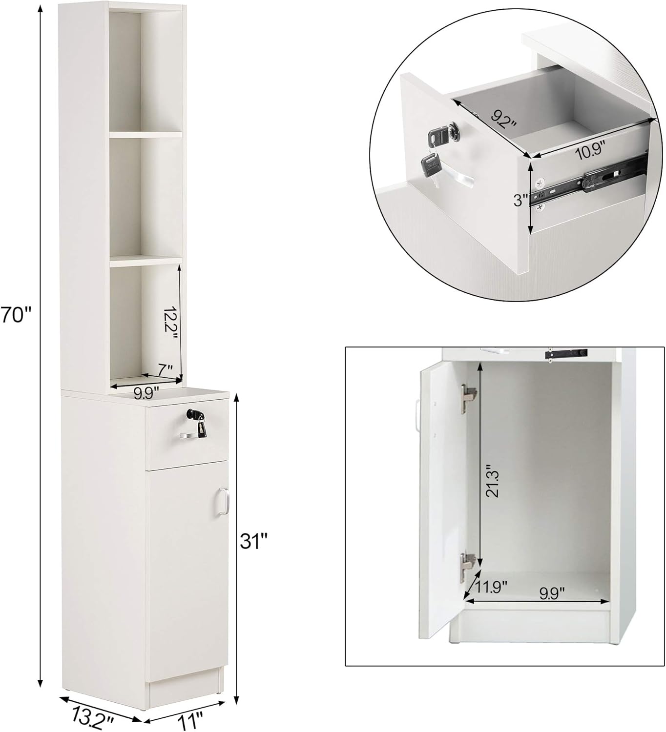 BarberPub Locking Wall Mount Hair Styling Barber Station with Drawer Storage Beauty Salon Spa Equipment 3036-1 (White)