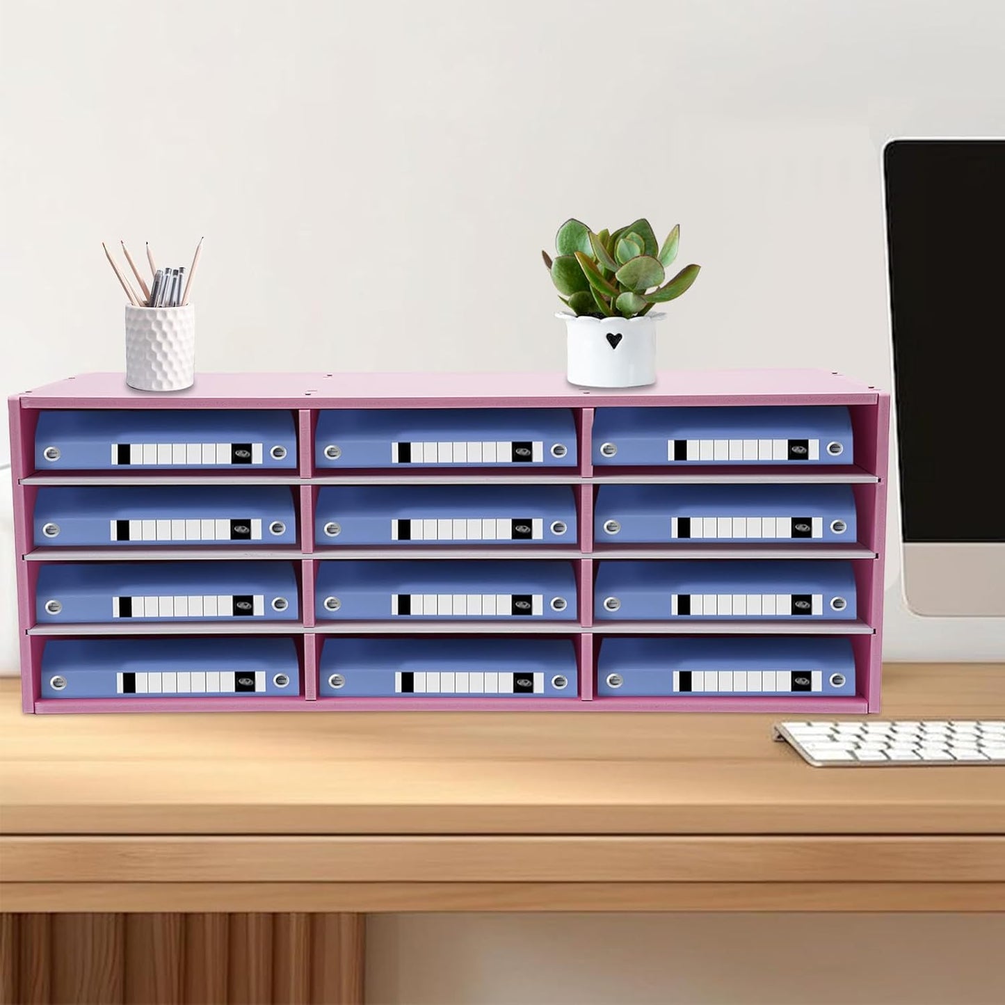 Mail Sorter Organizer, 12 Compartments Mailbox for Classroom, Desktop File Organizer with Adjustable Shelves, for Office Home Classroom, PVC, Pink