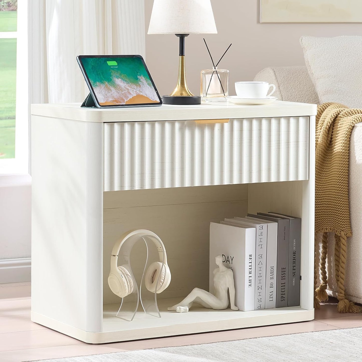 LEYAOYAO 31" Wide Fluted Nightstand Set of 2 with Charging Station, Oversized Extra Large 1 Drawer Night Stand with Golden Handle, White Wood Bedside Table Tall End Tables,for Bedroom, Living Room