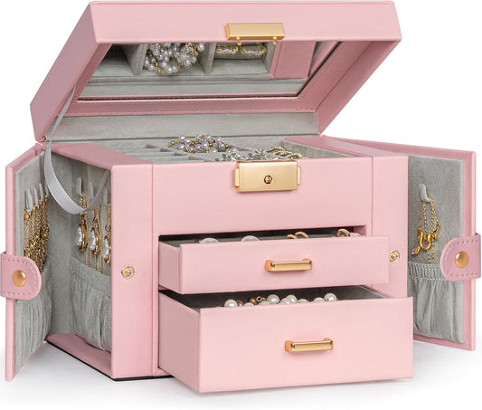 TORIBIO Jewelry Box for Women, Leather Jewelry Organizer with Mirror & Lock, 3-Tier Jewelry Storage Organizer with 2 Drawers for Girls/Women/Mothers, Necklace Earring Bracelets Holder Organizer