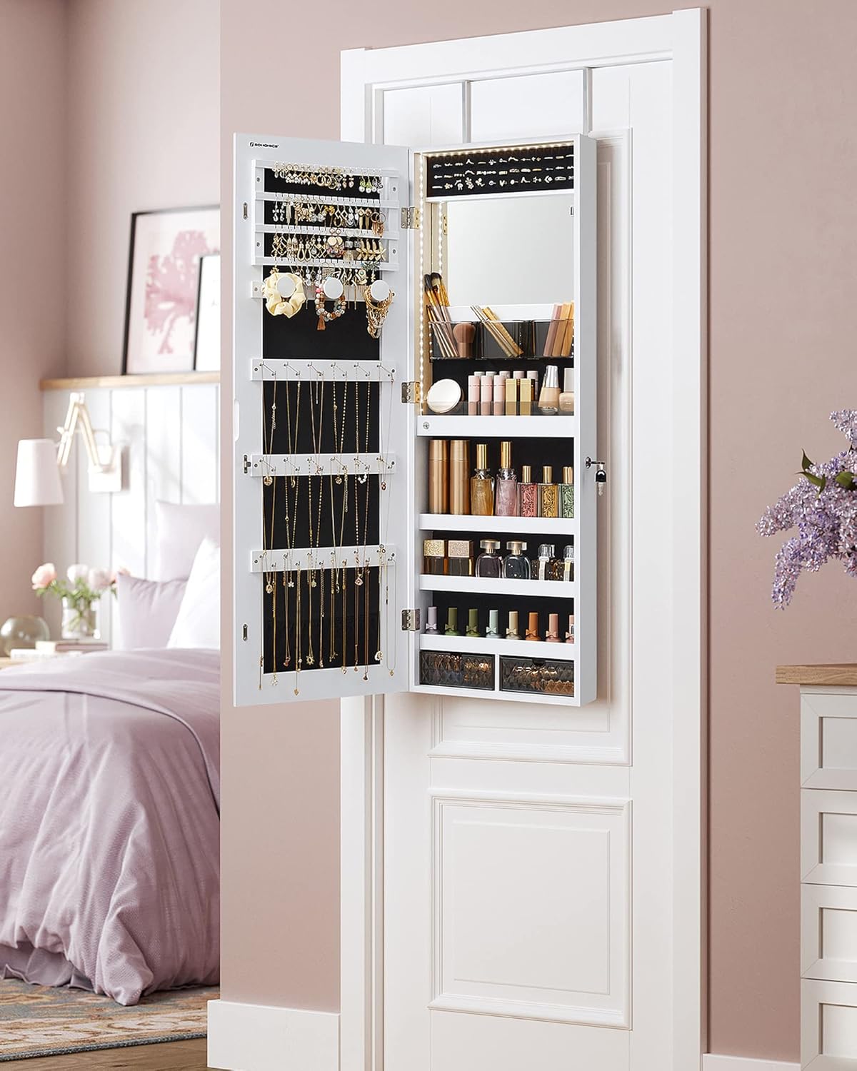 SONGMICS Mirror Jewelry Cabinet Armoire Organizer, Wall or Door Mount Storage Cabinet with Full-Length Frameless Lighted Mirror, Built-in Makeup Mirror, 2 Drawers, Lockable, Christmas Gift, White