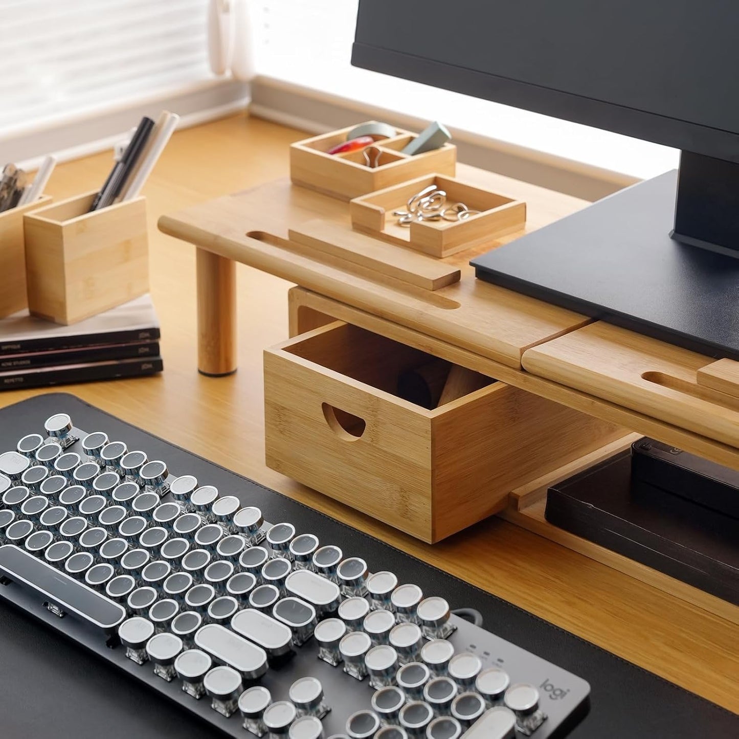 Dual Monitor Stand Riser with Drawer for Desk Laptop Desk Shelf with Adjustable Length and Angle, Bamboo Computer Stand Riser for 2 or 3 Monitors Screen Laptop PC TV -Natural