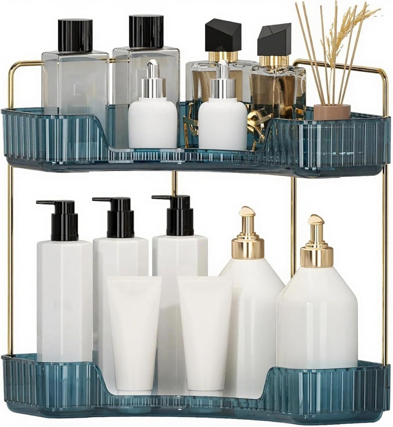 Corner Bathroom Countertop Organizer, Vanity Organizer Trays for Counter, Makeup Organizers, Perfume Tray, Skincare Shelf Storage Gifts for Women Girl Student (Blue, 2 Tiers)