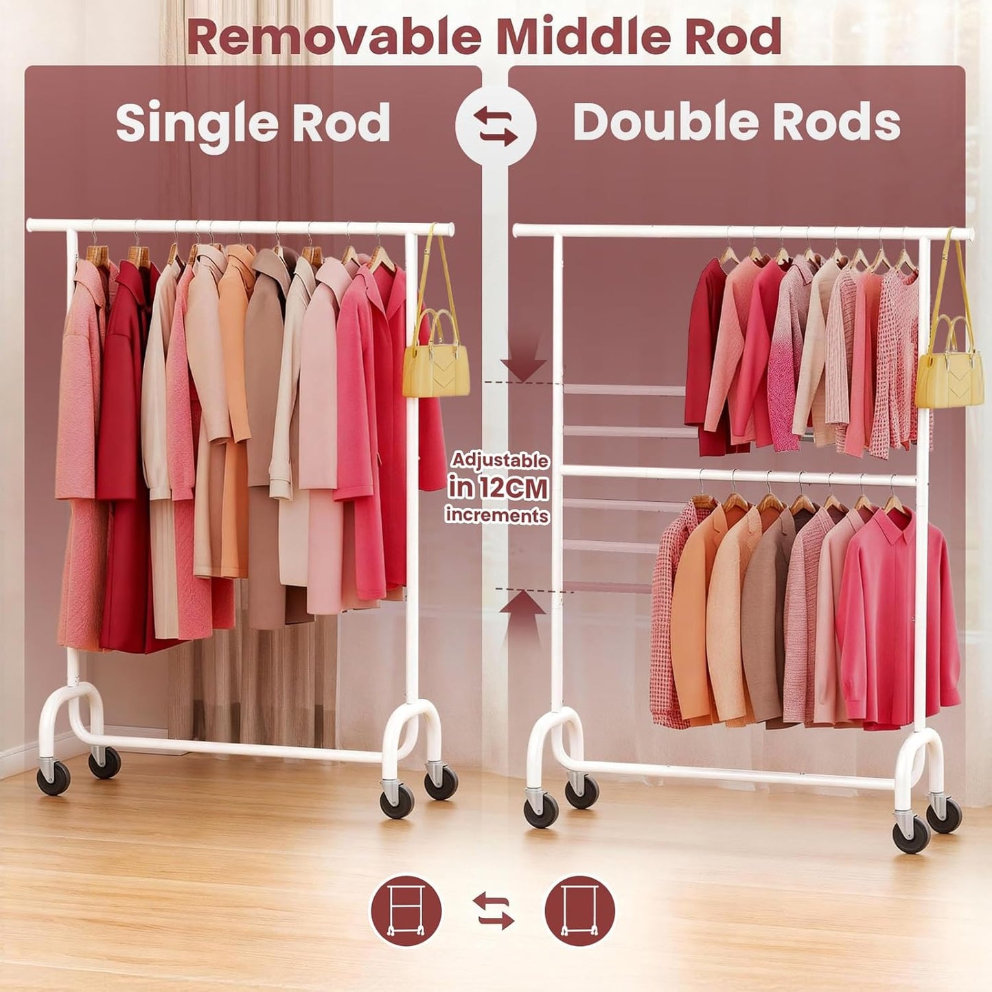 Heavy Duty Clothes Rack Load 600 LBS, Rolling Clothing Rack for Hanging Clothes with Lockable Wheels, Double Rod Garment Rack for Bedroom, Laundry, Living Room, White