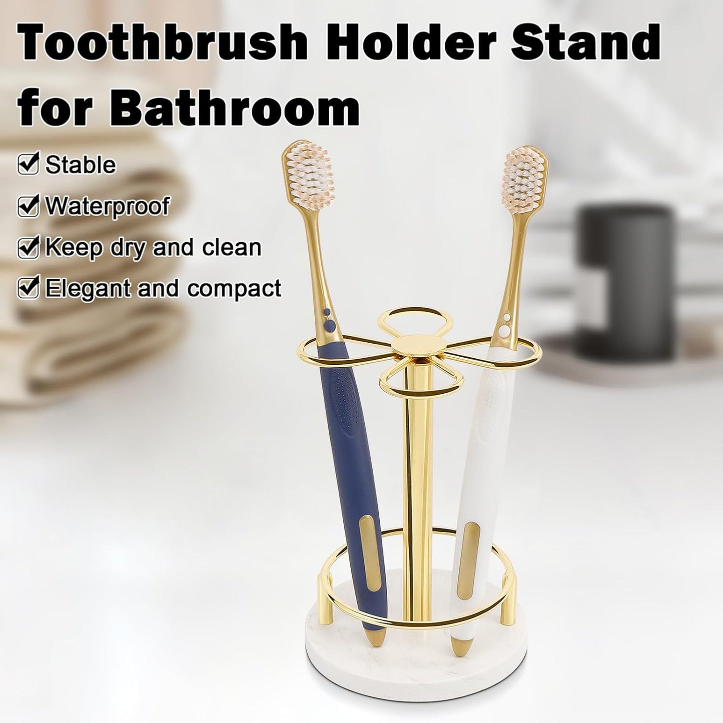HarJue Toothbrush Holder Stand for Bathroom, Metal Toothbrush Organizer with Marble Base, Toothbrush Storage Collection for Family, Suitable for Home Hotel Countertop Vanity (Small, Gold)