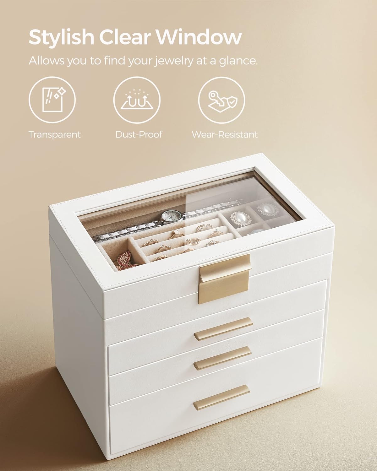 SONGMICS Jewelry Box Organizer with Glass Lid, 4-Layer Jewelry Storage, with 3 Drawers, Modern Style, Christmas Gift, 6 x 9.9 x 8.5 Inches, Cloud White and Gold Color UJBC161W01