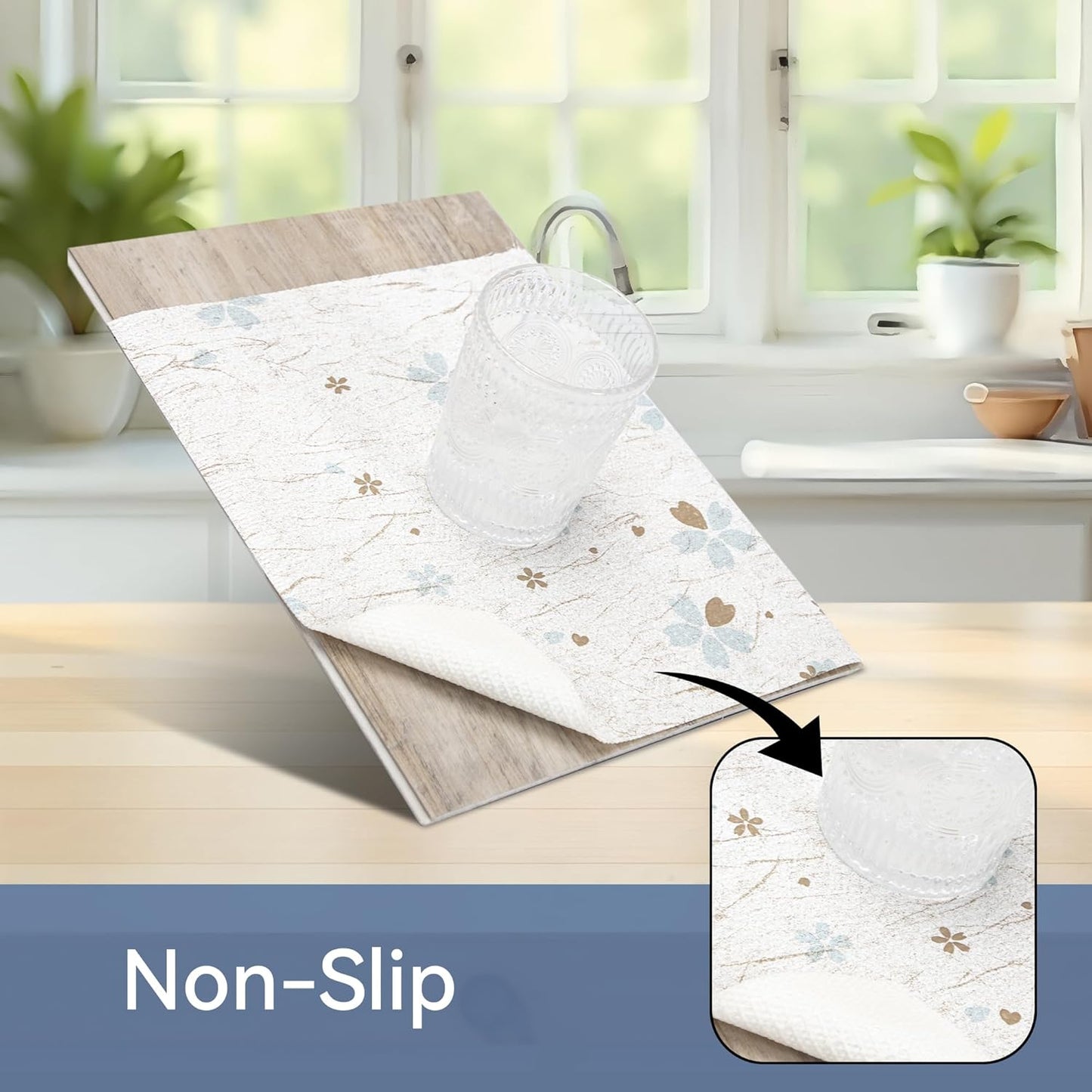 FIFTY FEET 18"x96" Non-Adhesive Shelf Liner for Kitchen Cabinets and Drawers, Washable Non-Slip PVC Cabinet Liner (White Floral)(1 Roll)